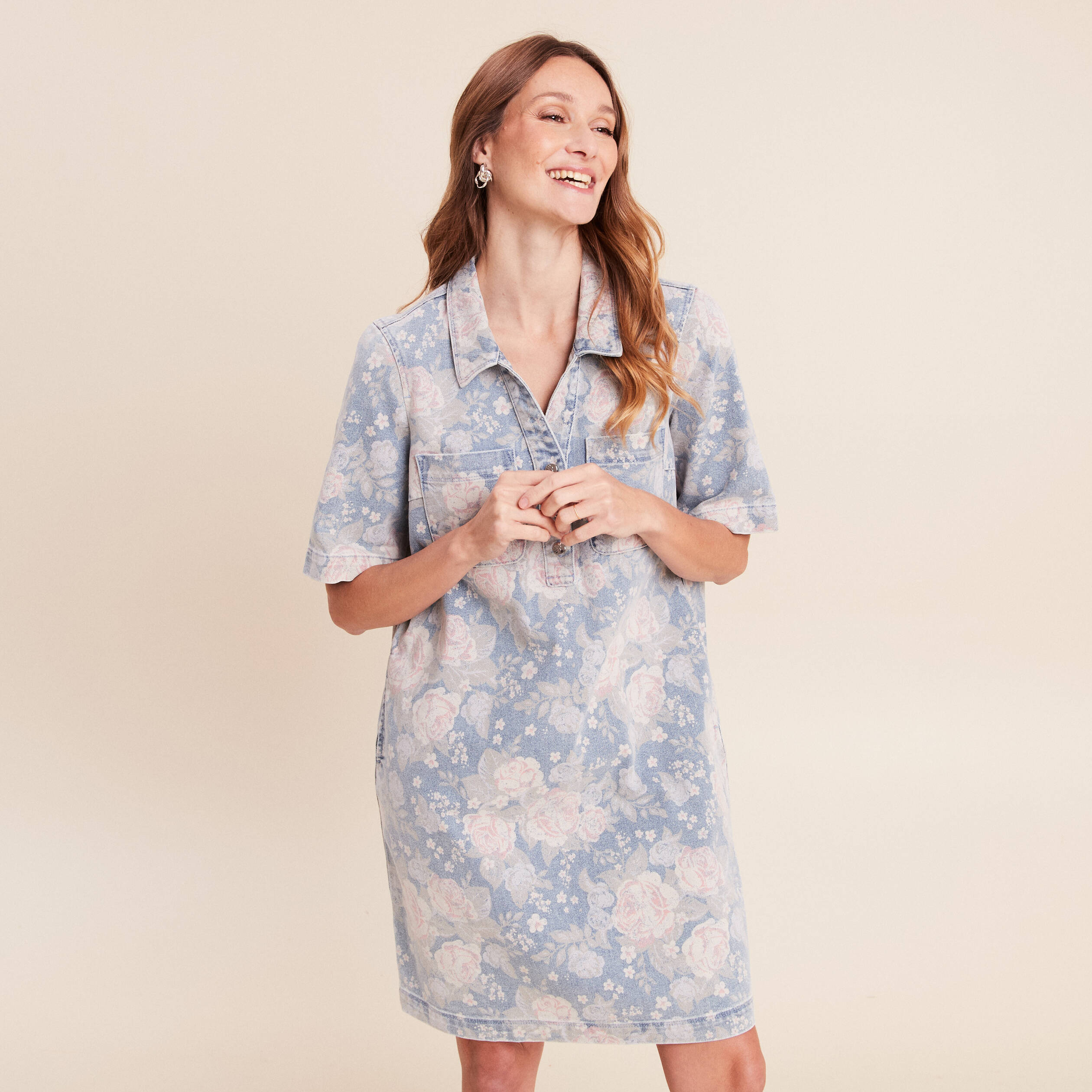 Robe droite courte en jean col chemise rose femme