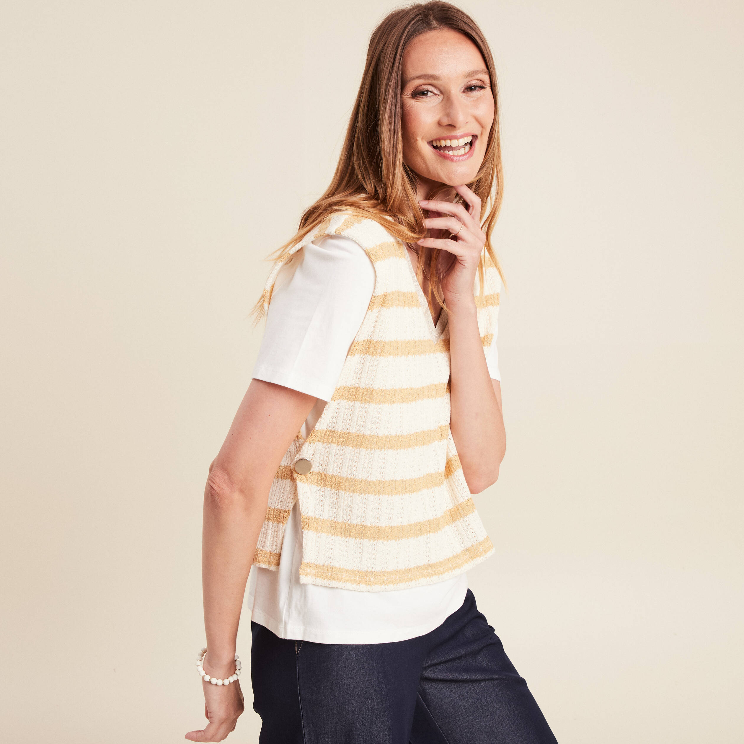 T-shirt effet 2 en 1 manches courtes beige femme