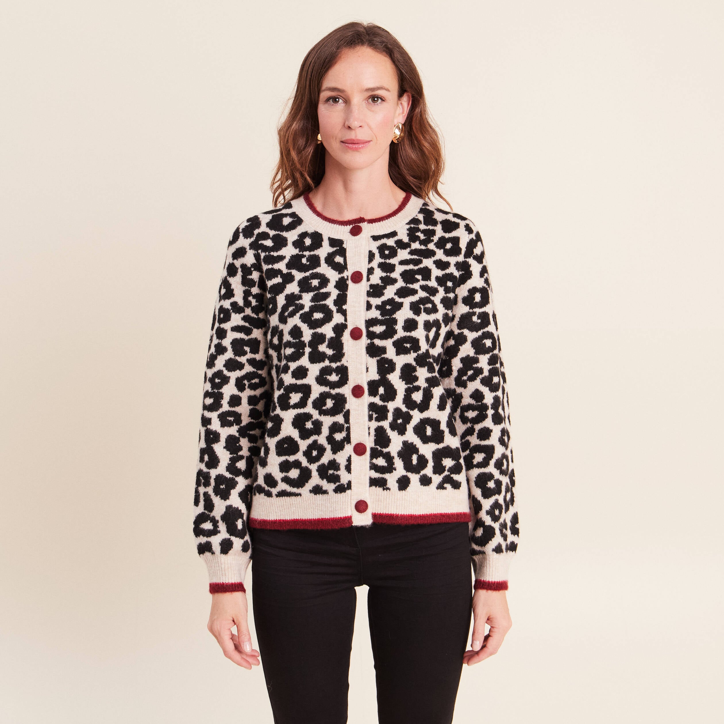 Gilet jacquard col rond manches longues marron femme