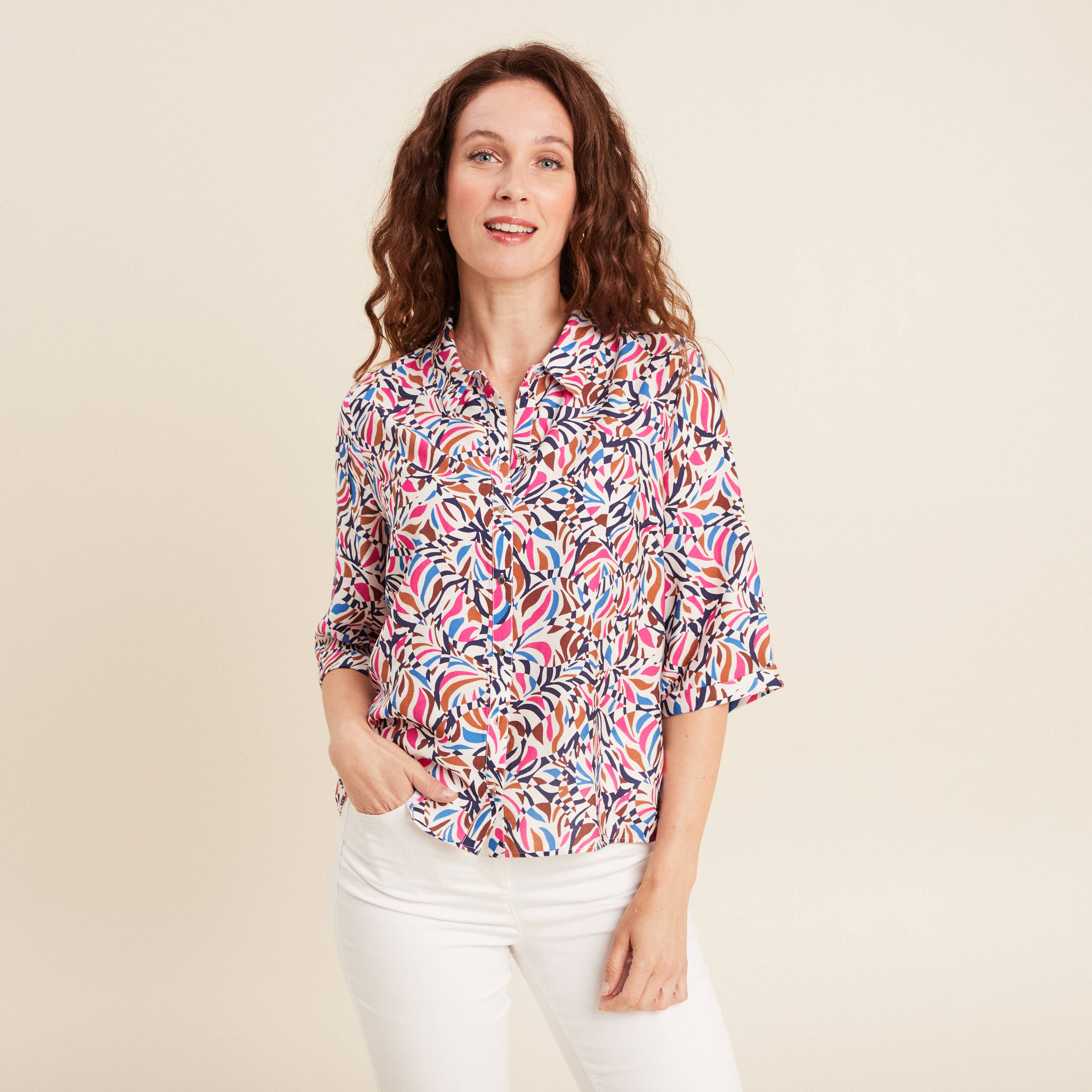 chemise fluide col chemise manches 34 bleu femme Chemise fluide col chemise manches 3/4 bleu femme
