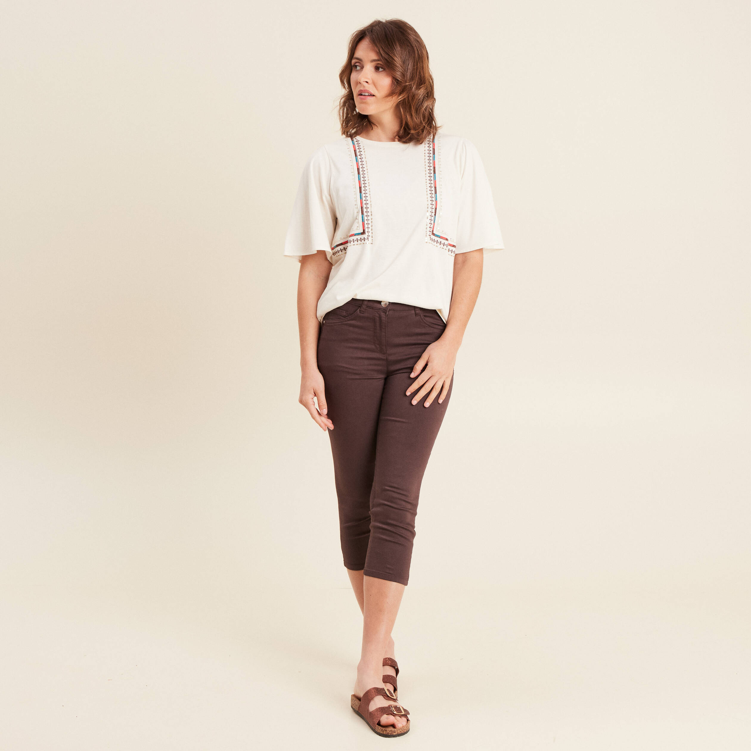 Pantacourt droit taille standard marron femme