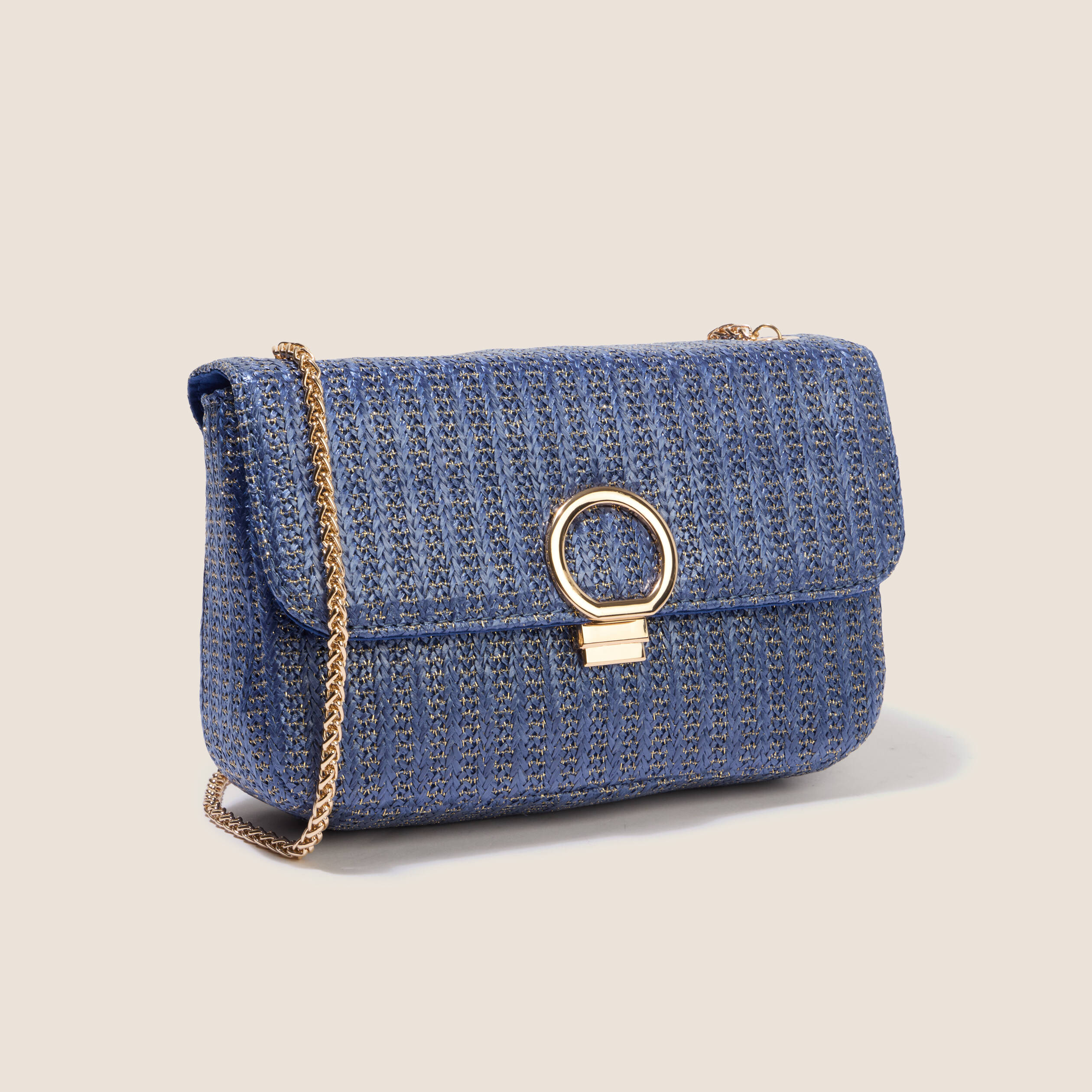 Sac raphia bandouli&egrave;re cha&icirc;ne bleu fonc&eacute; femme