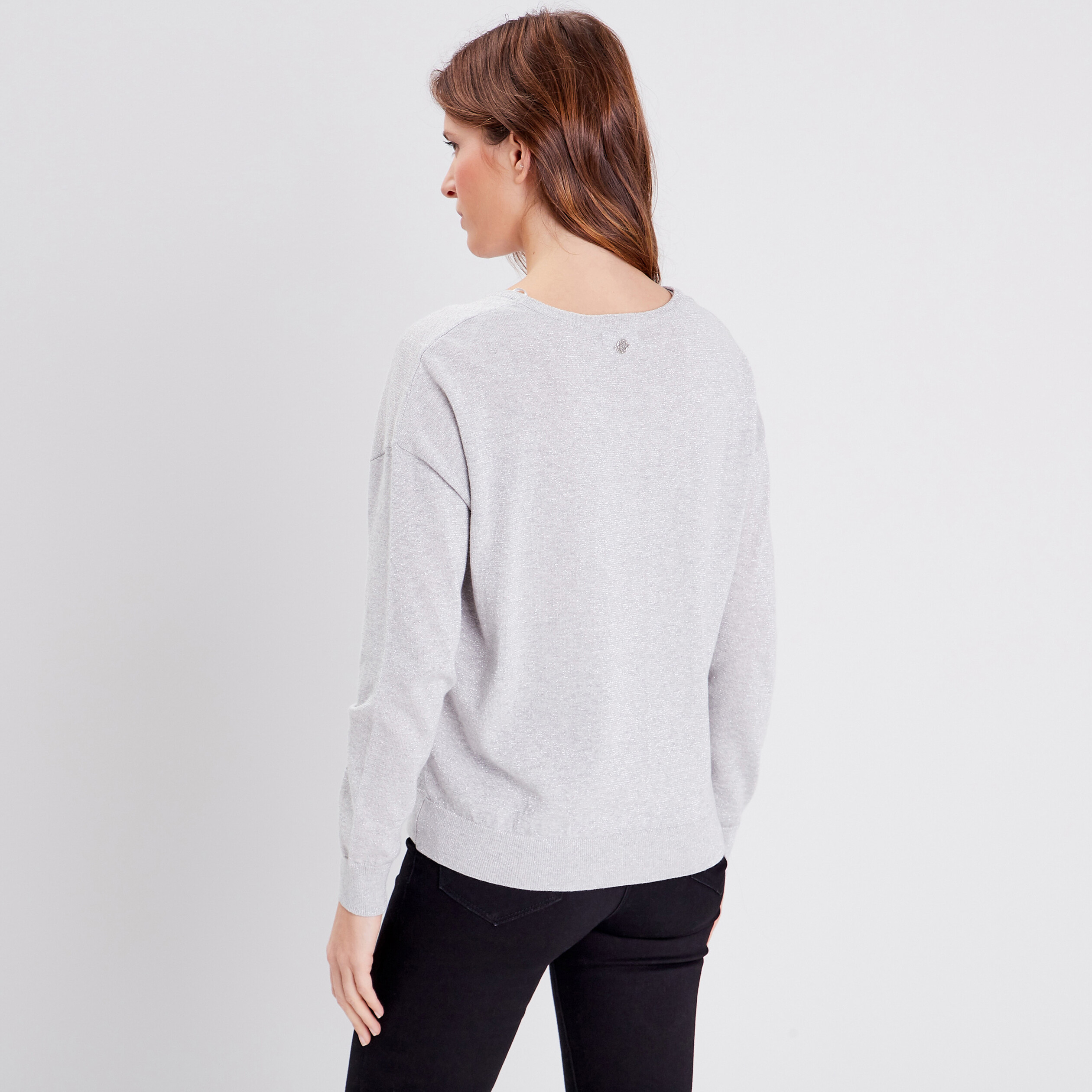 Pull femme AE American Eagle Outfitters manches longues rayé gris