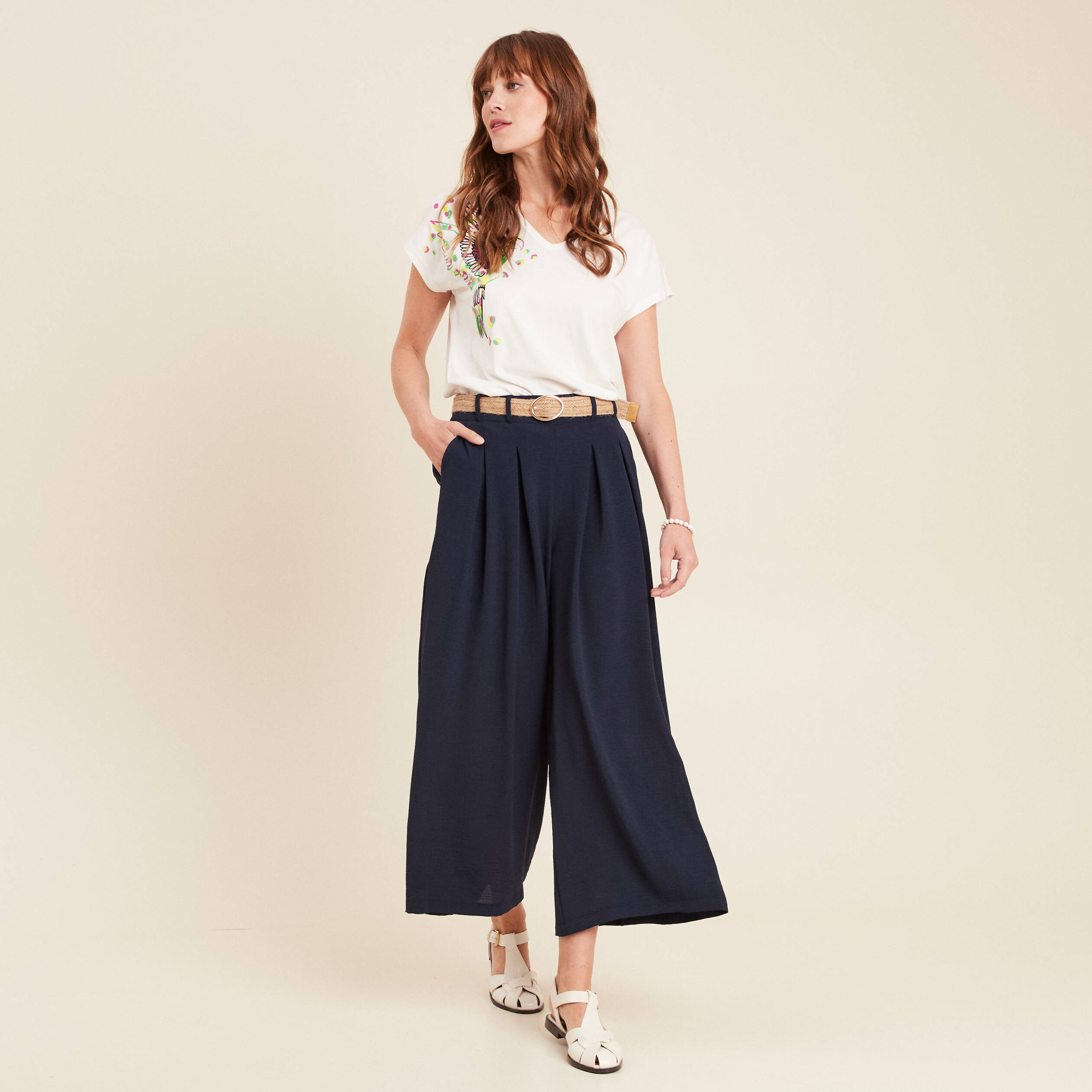 pantalon jupe culotte large bleu fonce femme Pantalon jupe-culotte large bleu foncé femme