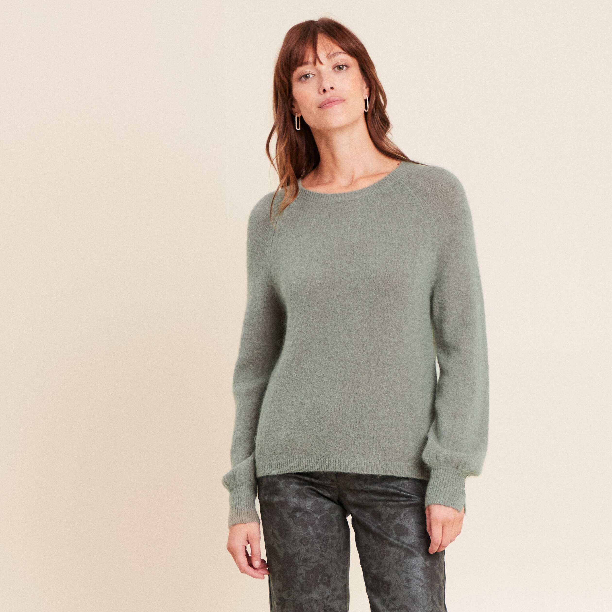 Pull col rond manches longues vert clair femme