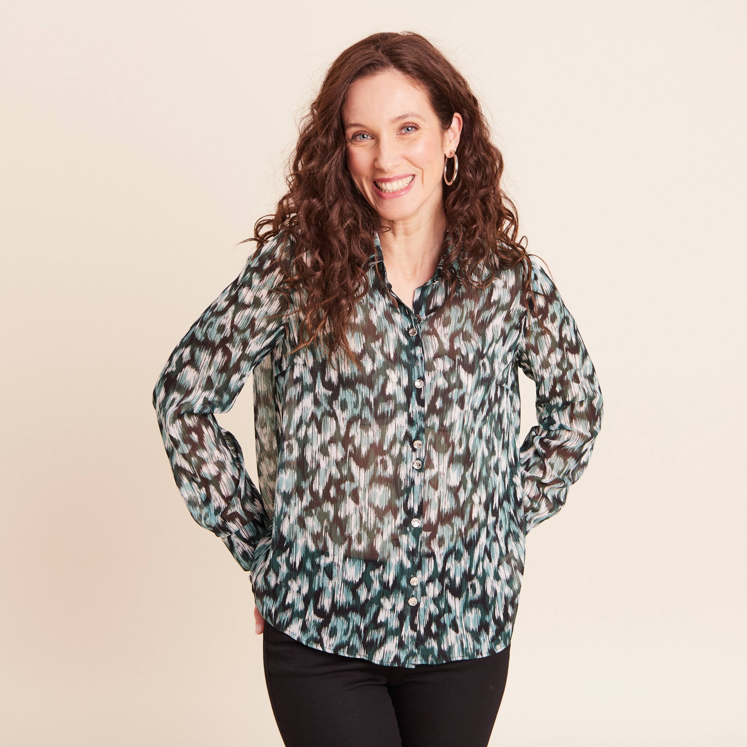Chemise manches longues en voile vert femme