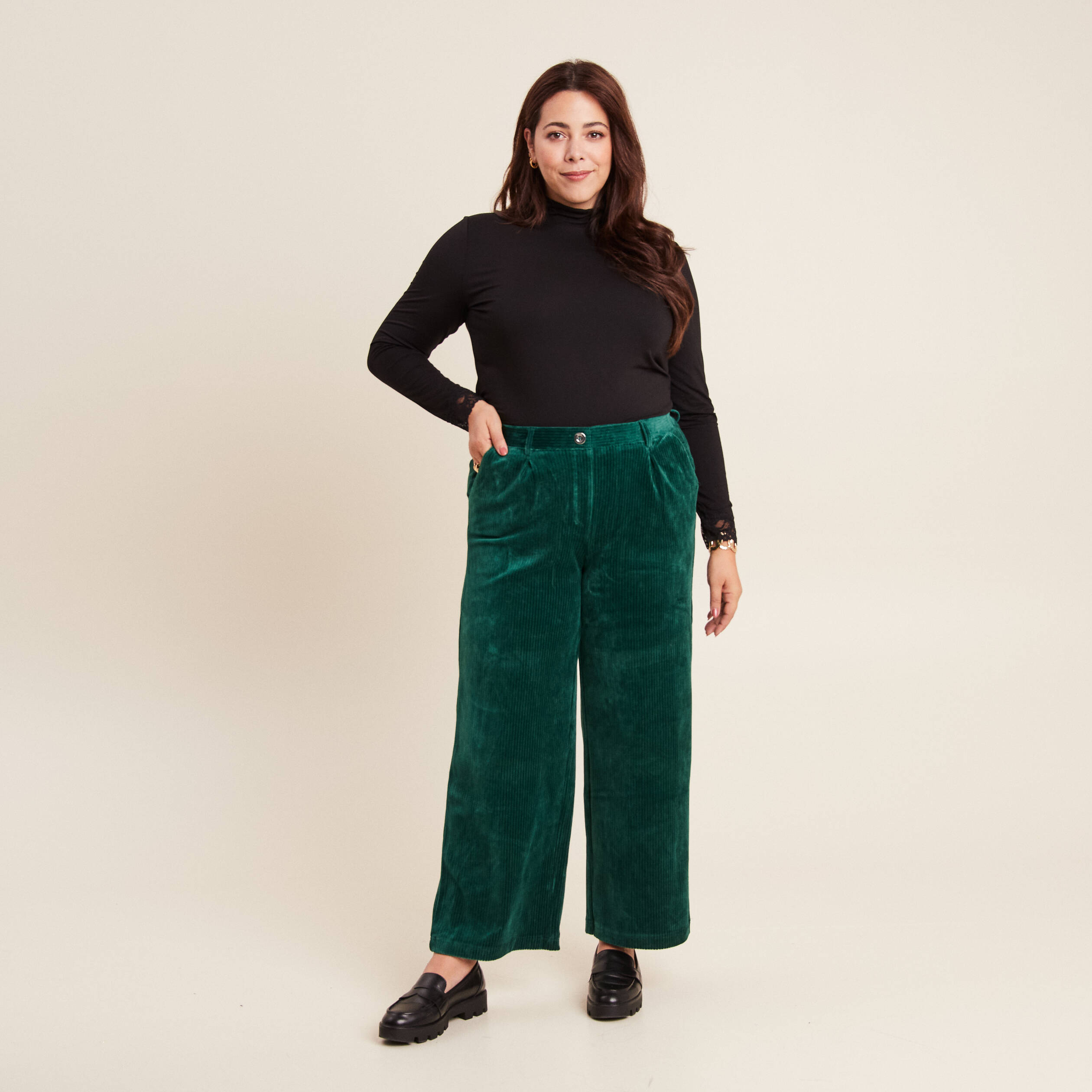 Pantalon large velours vert foncé femme