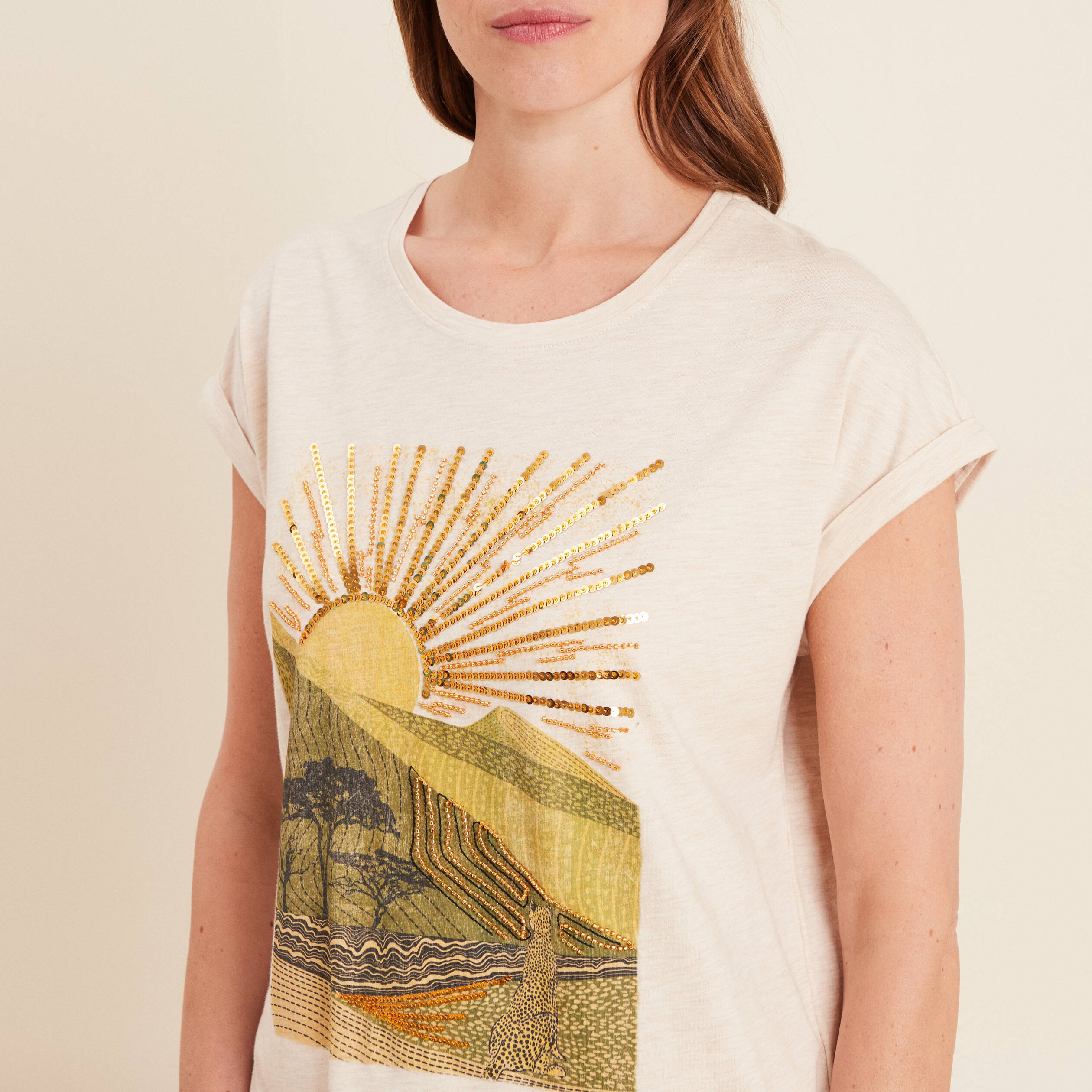 t shirt manches courtes perles sable femme T-shirt manches courtes perles sable femme
