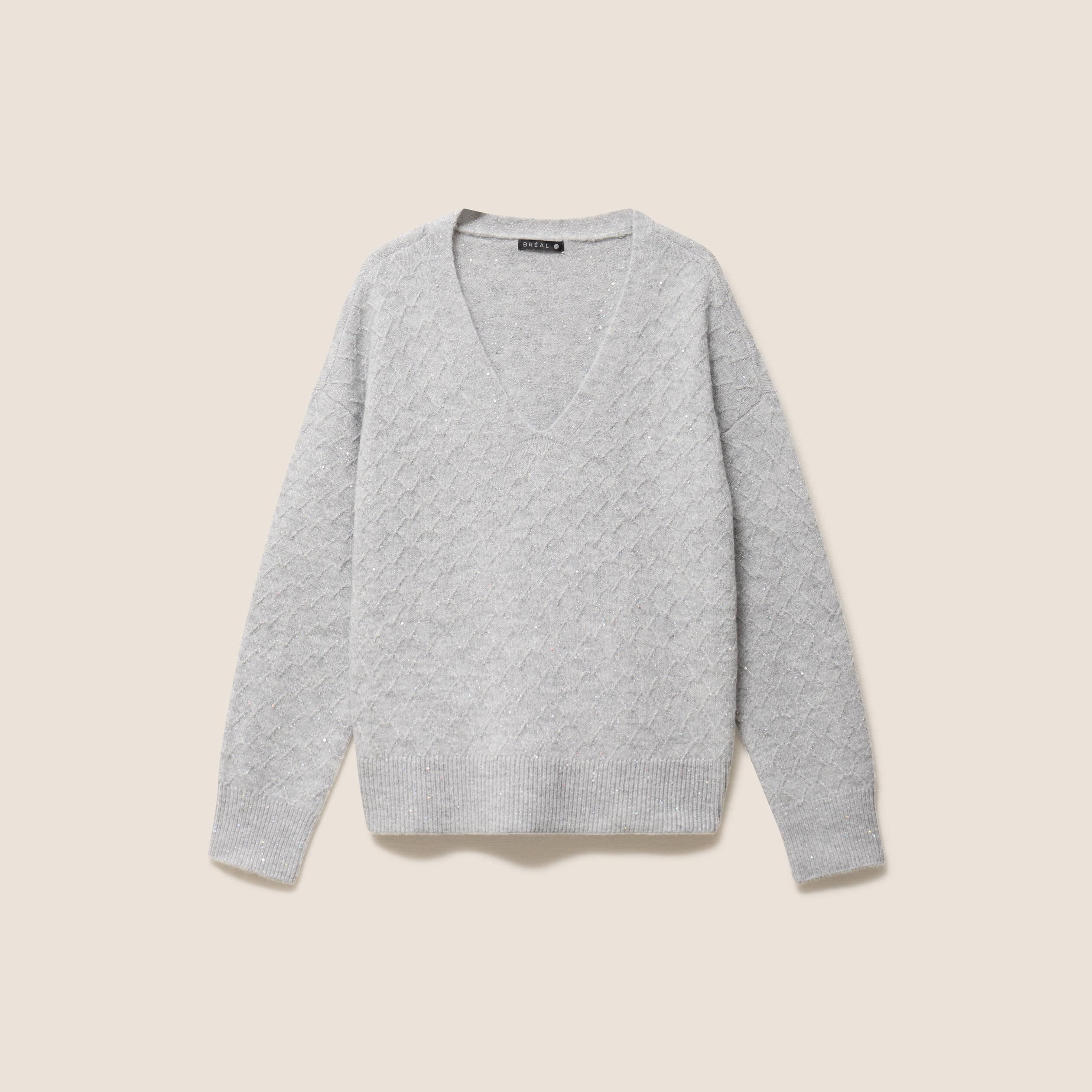 Pull col v &agrave; sequins gris clair femme
