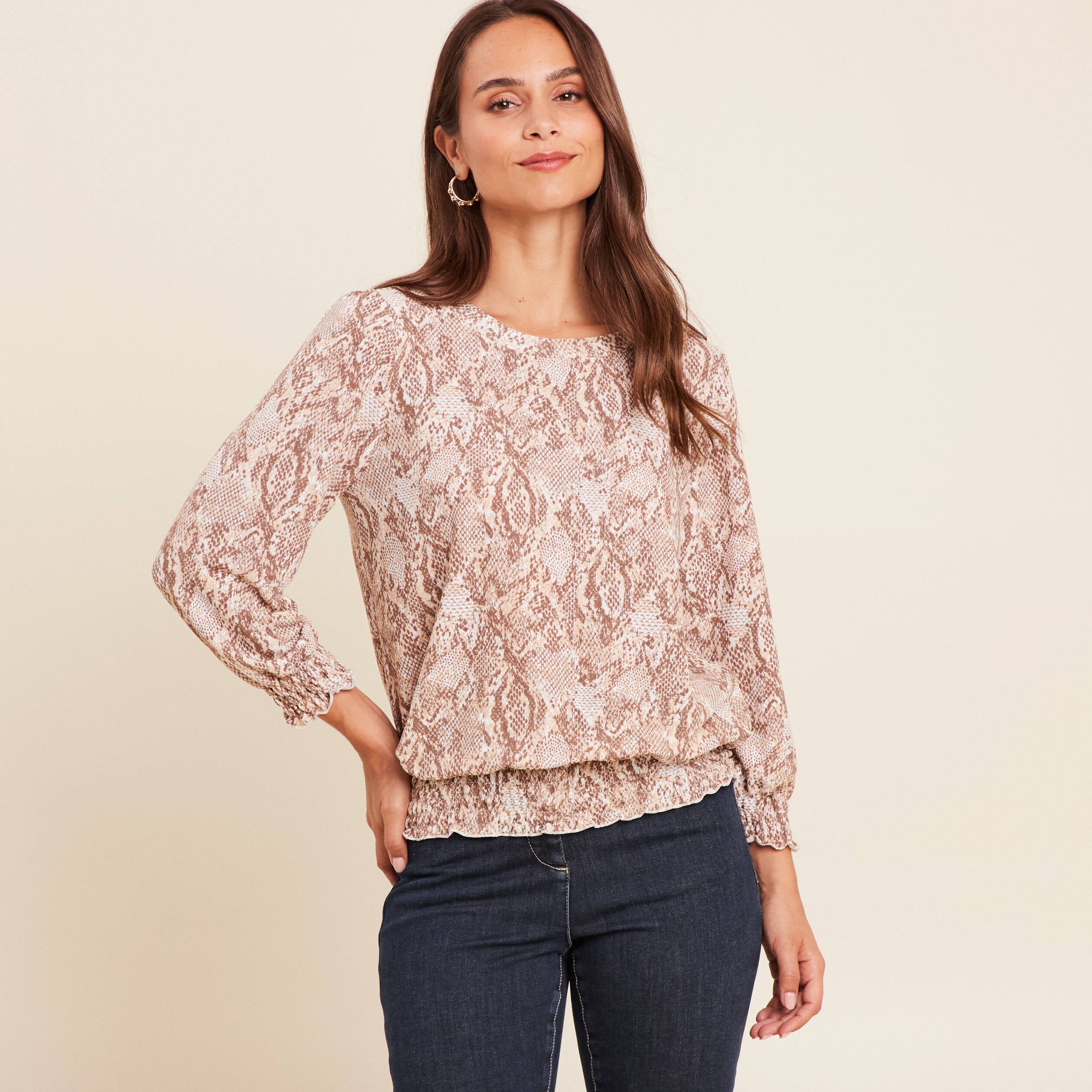 T-shirt col rond manches 3/4 beige femme
