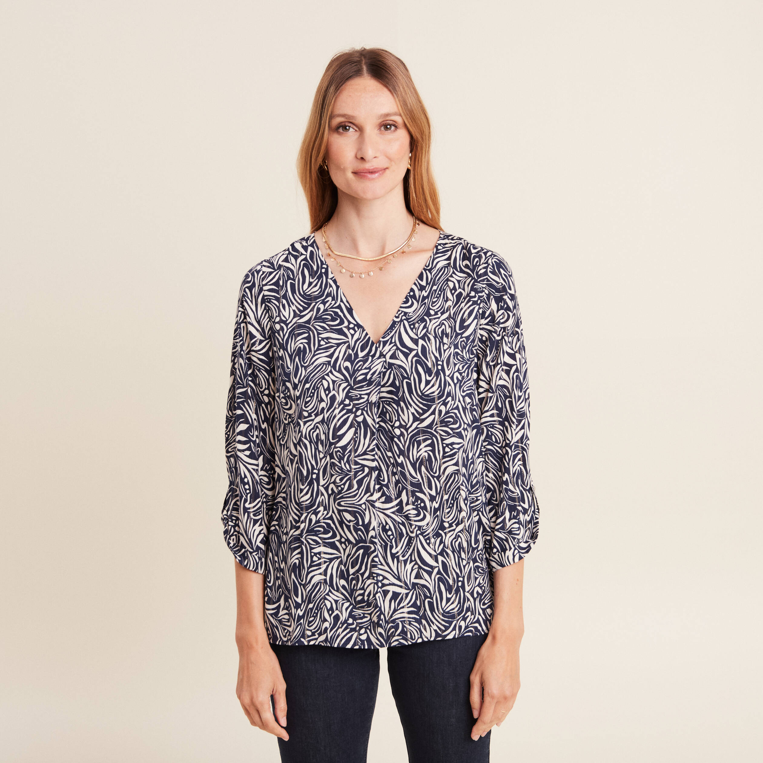 Blouse manches 3/4 bleu femme