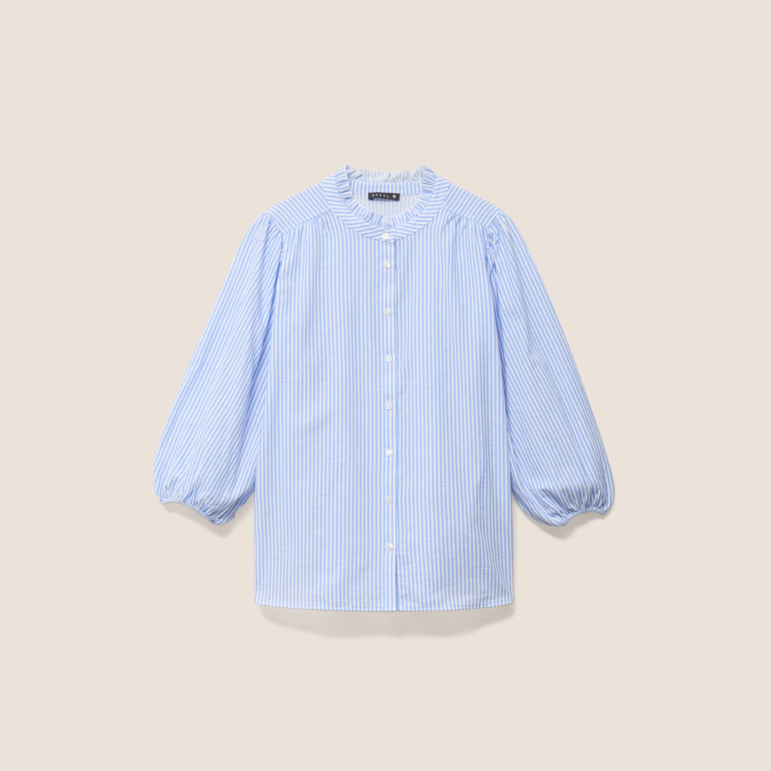 Chemise col montant manches 3/4 bleu femme