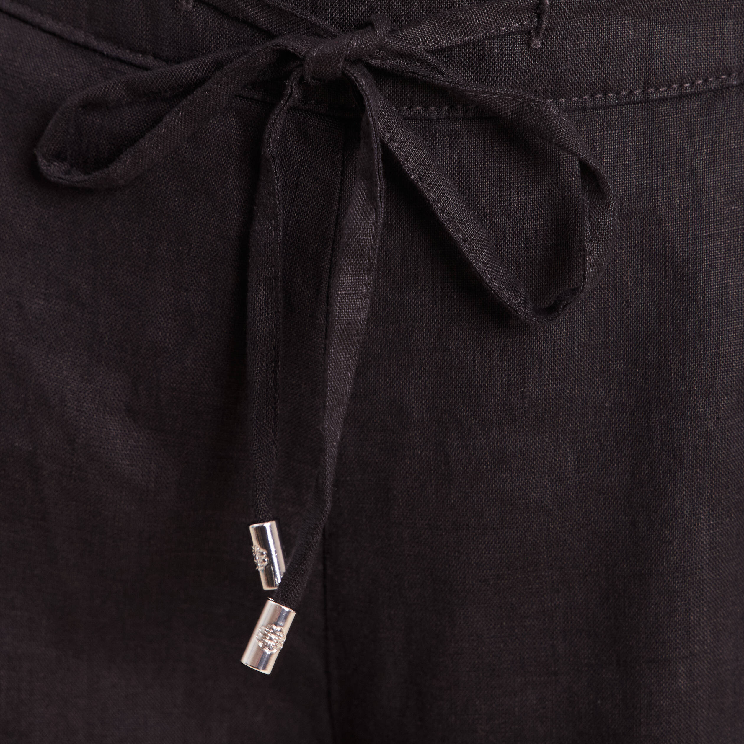Pantalon large taille haute aspect lin noir femme