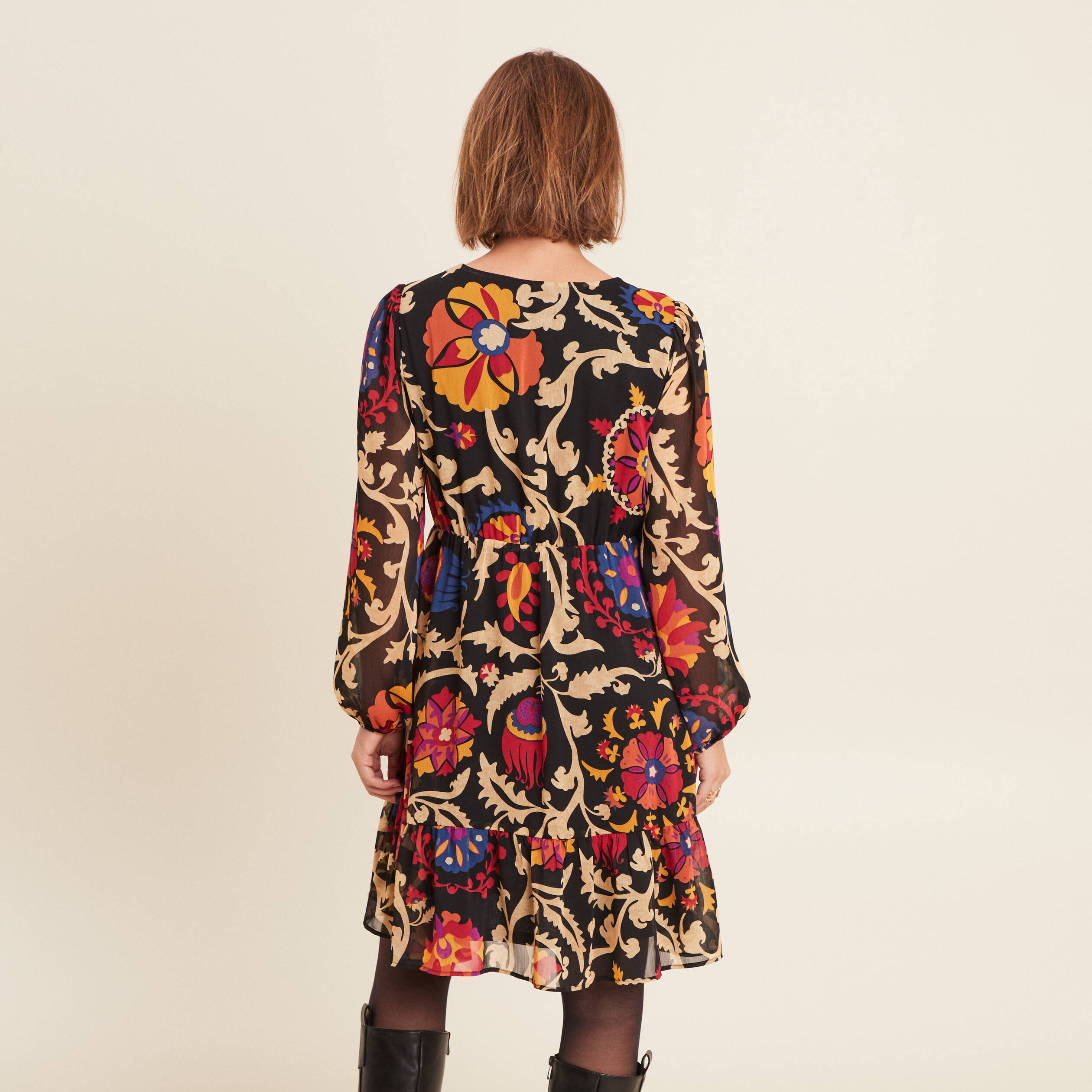 Robe évasée manches longues noir femme