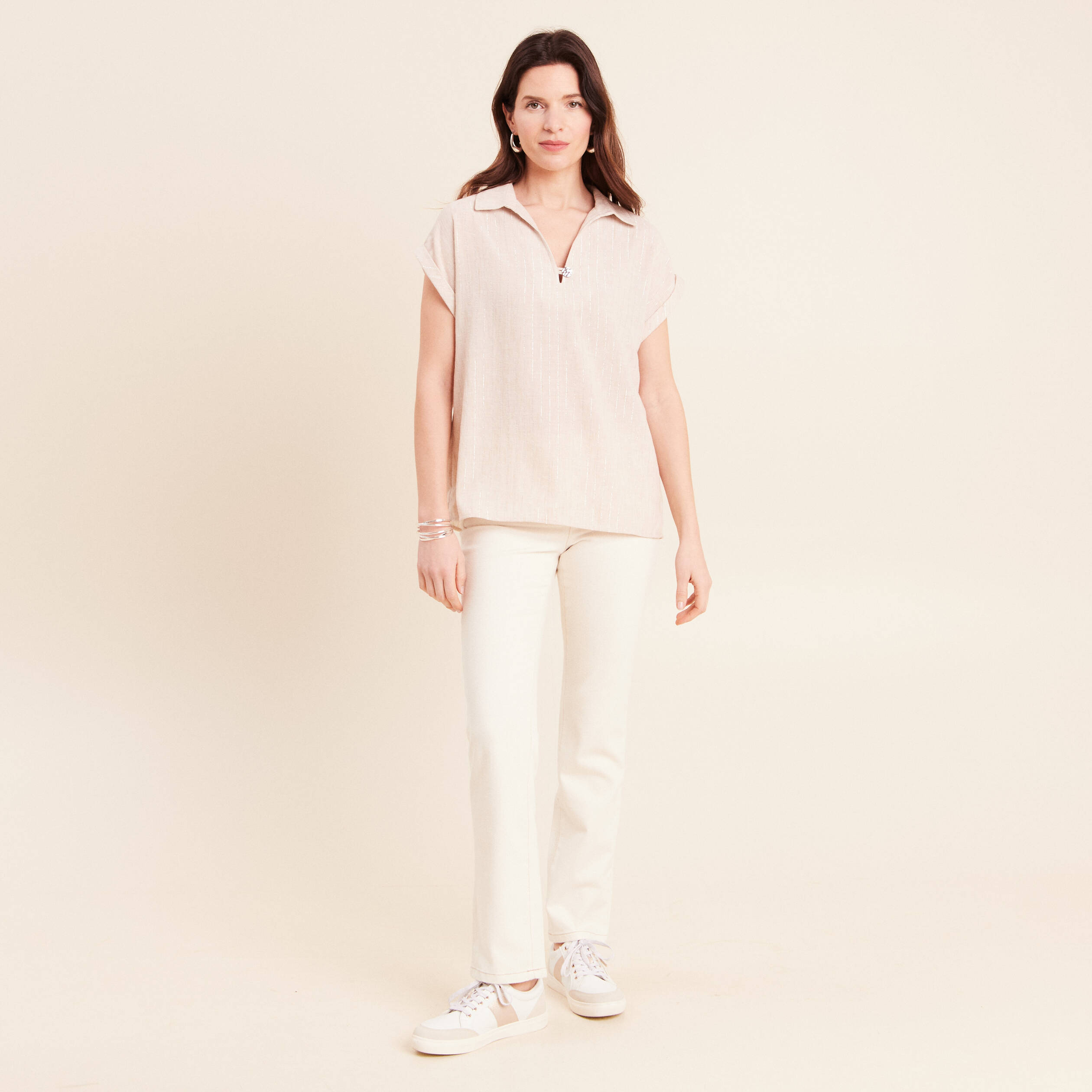 Jean coupe droite taille bascul&eacute;e ecru femme