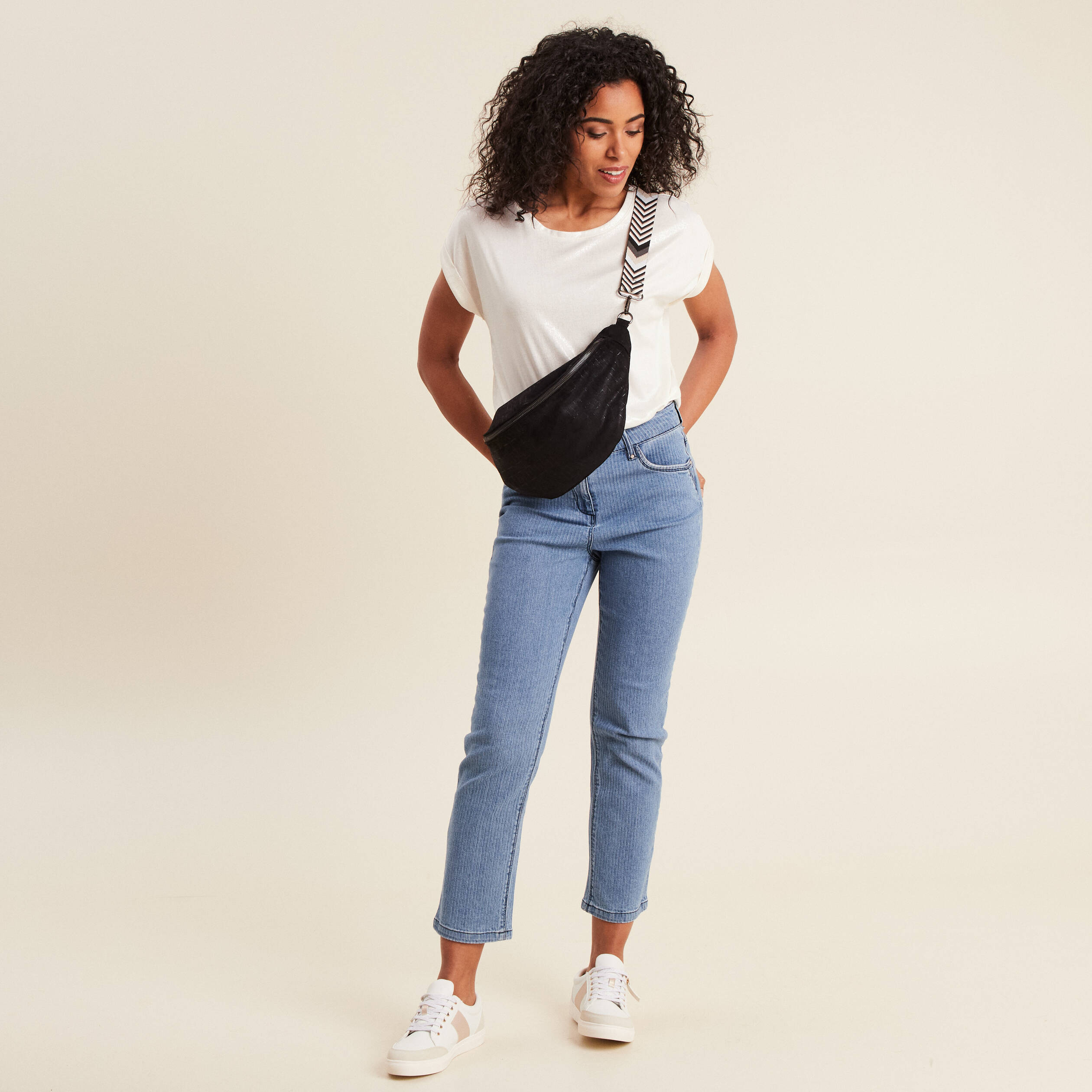 Jean ajusté effet velours denim double stone femme