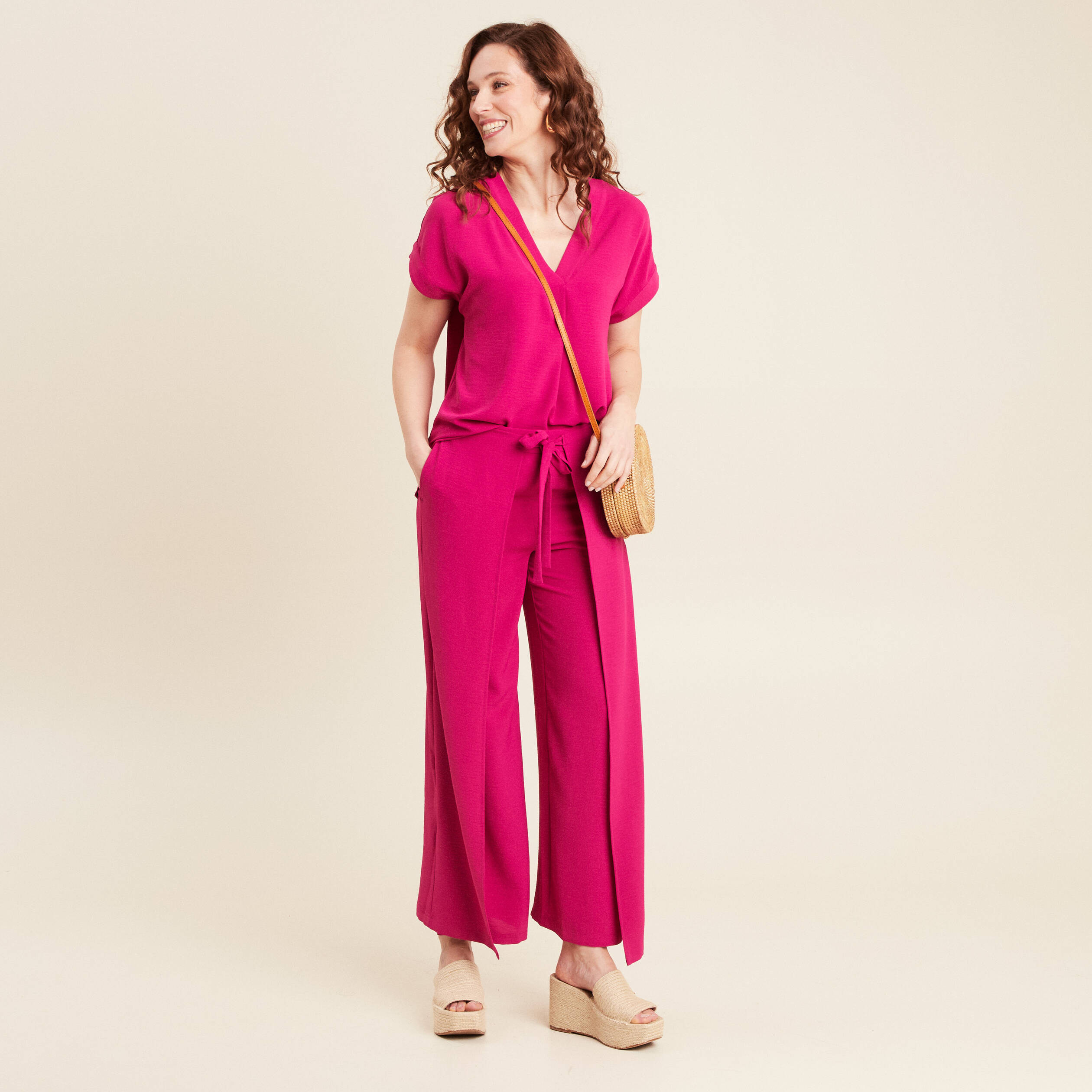 Blouse manches courtes rose fushia femme