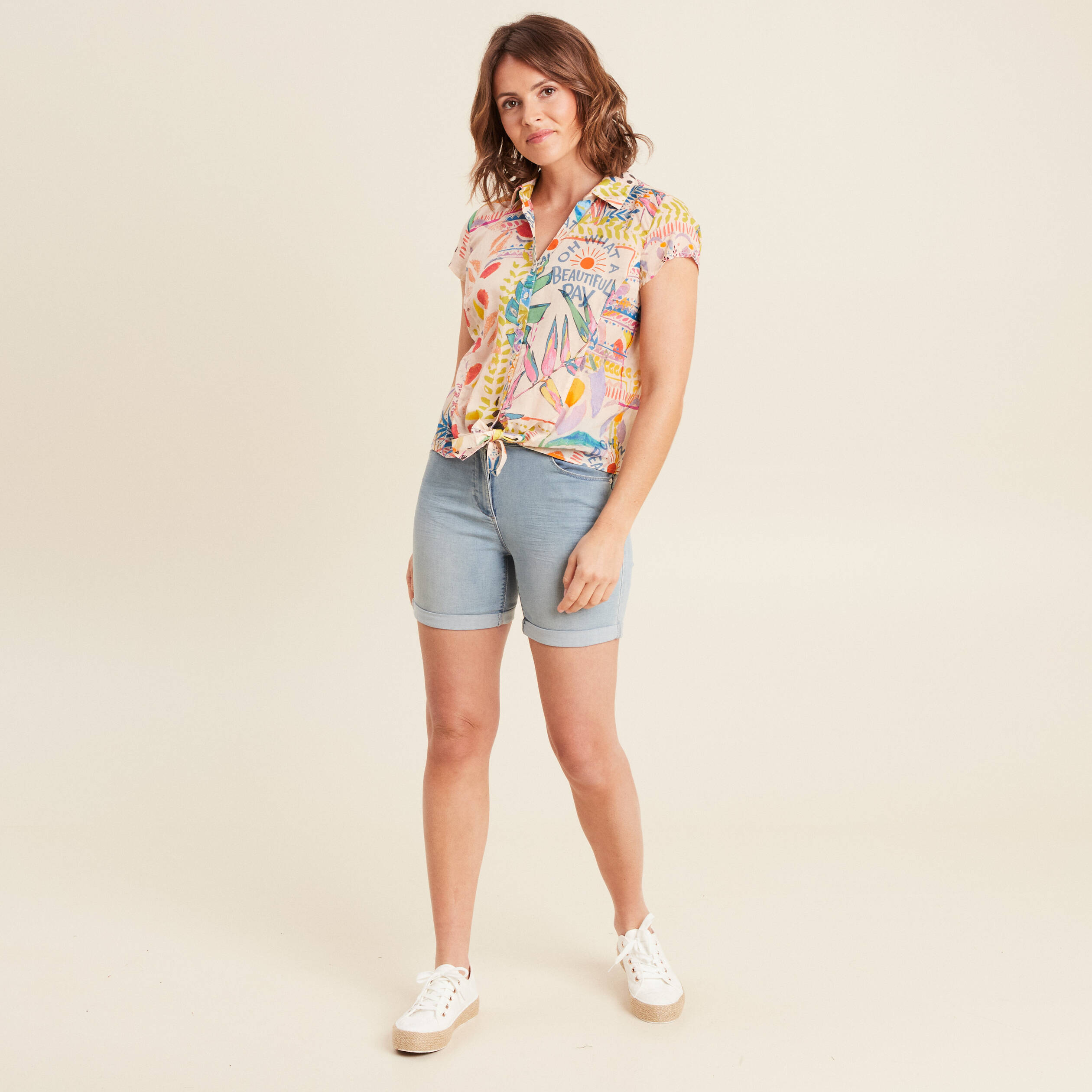 Chemise manches courtes nouée multicolore femme