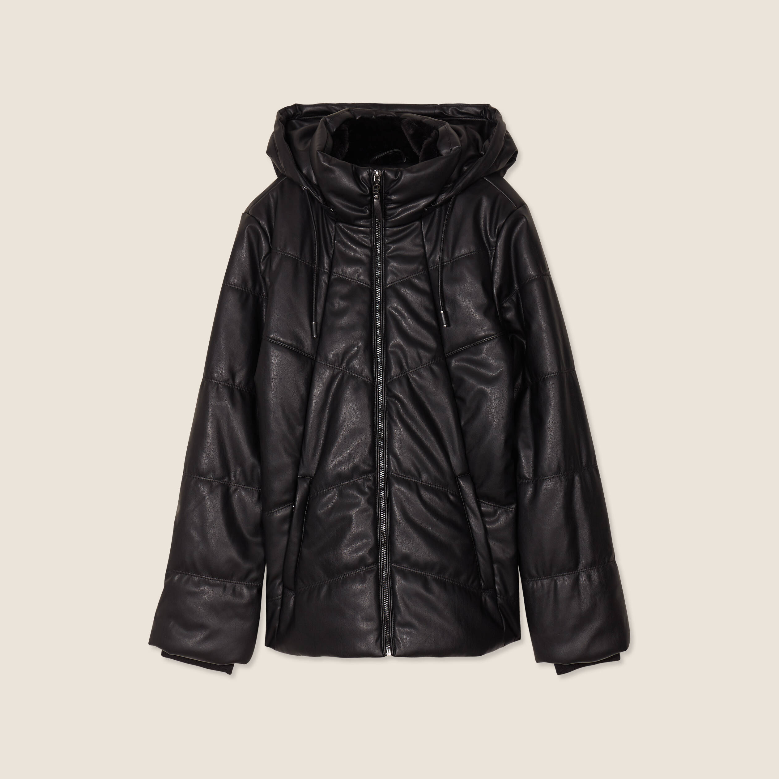 Doudoune à capuche simili cuir noir femme