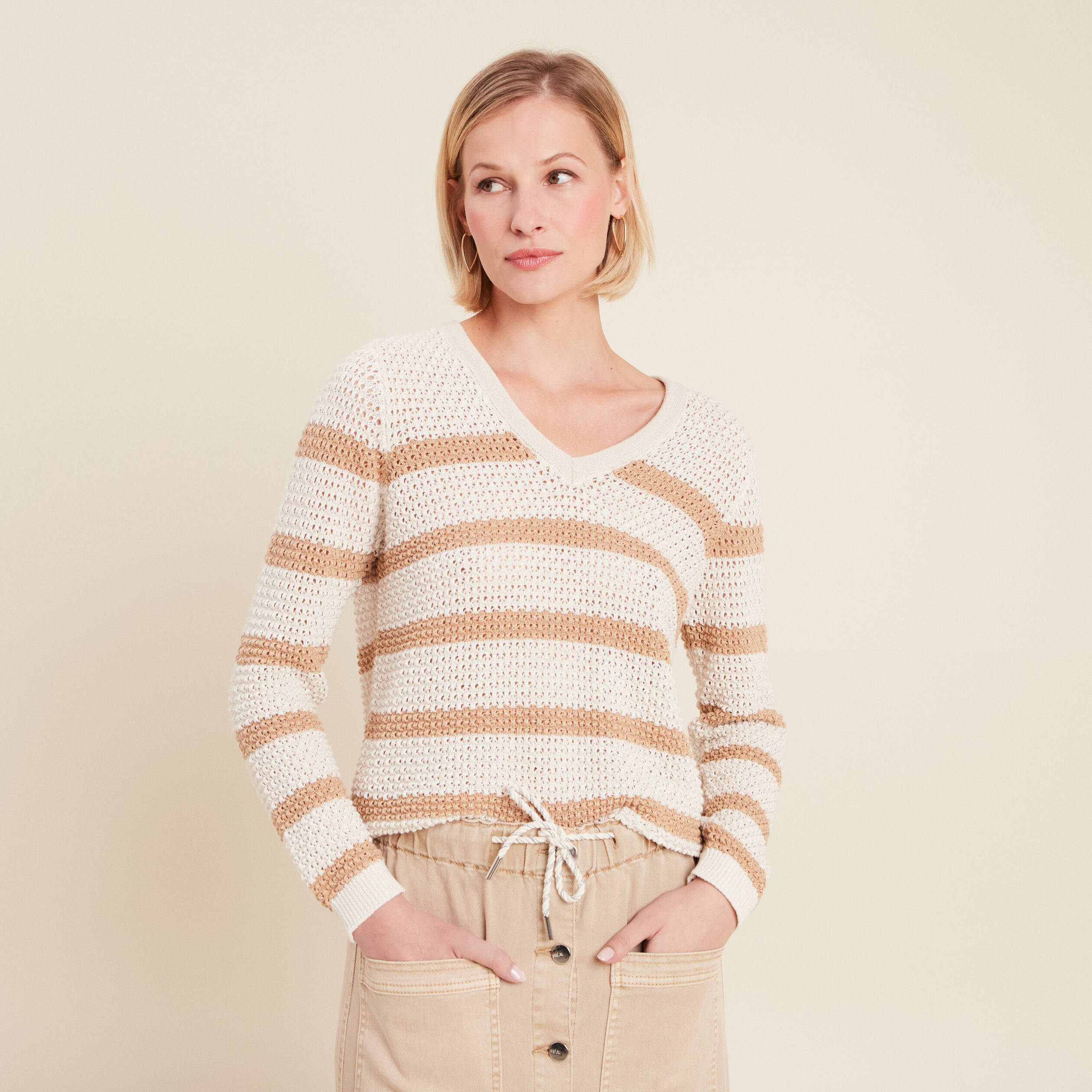 Pull manches longues ajouré blanc femme