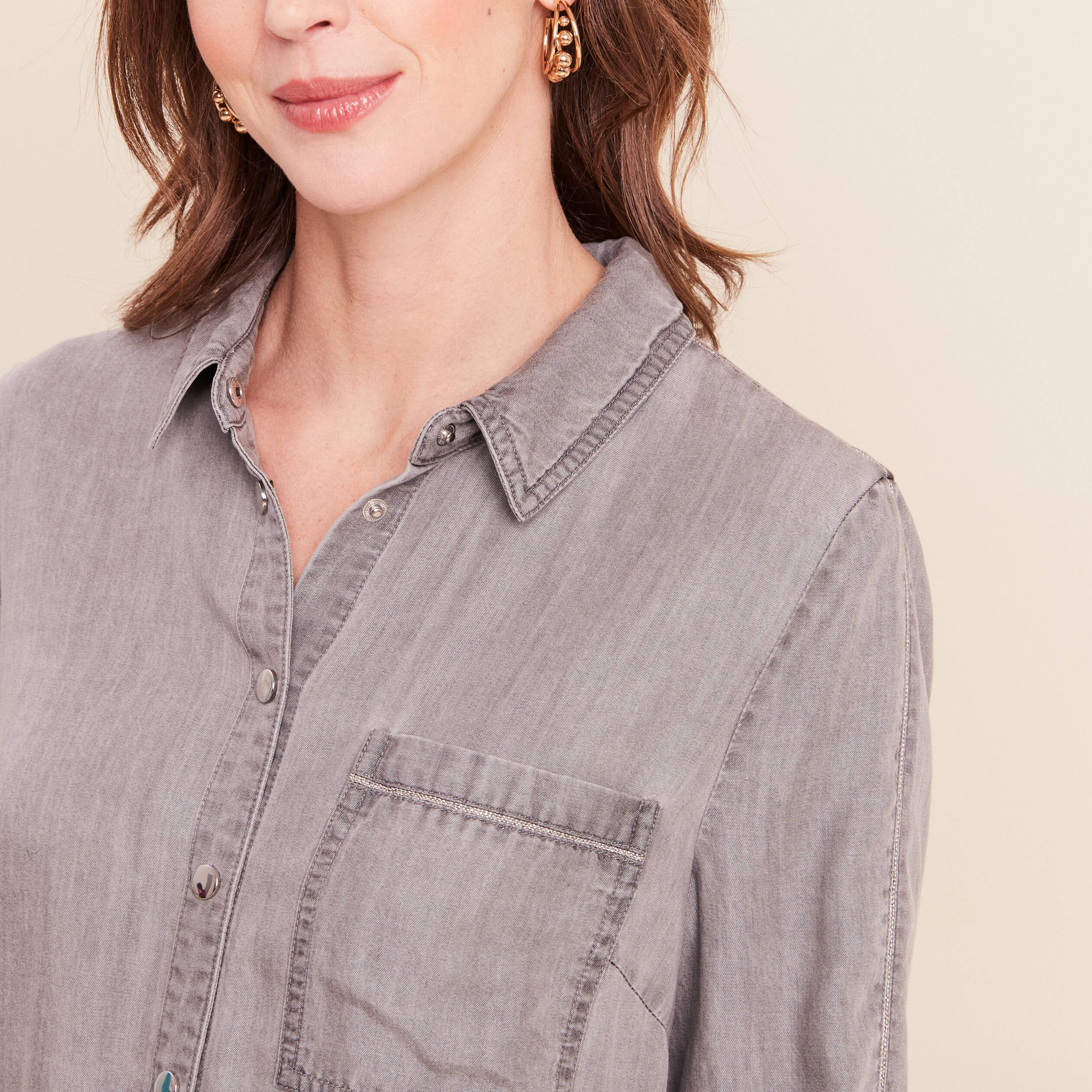 Chemise col chemise manches longues denim gris femme
