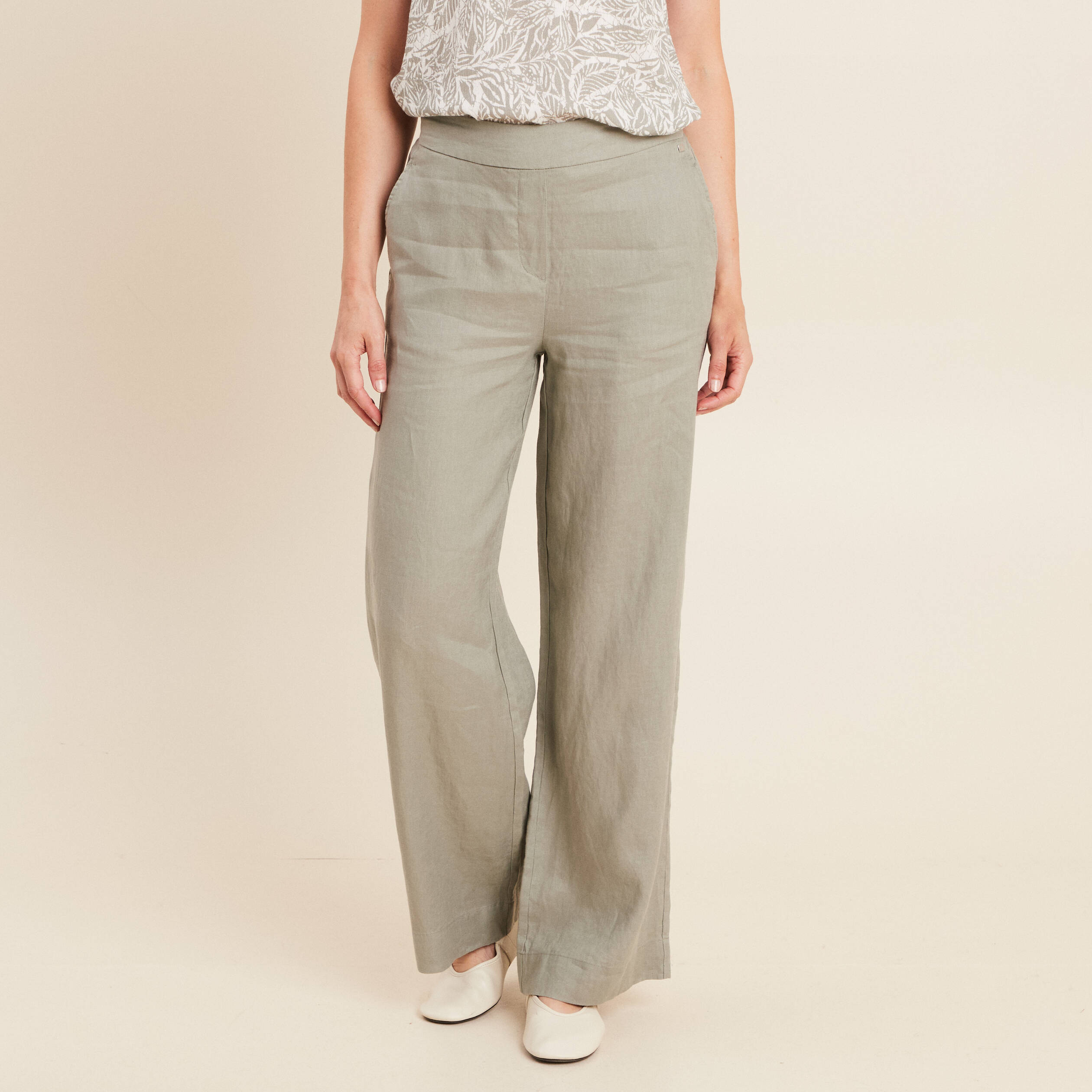 pantalon large taille haute en lin vert clair femme Pantalon large taille haute en lin vert clair femme