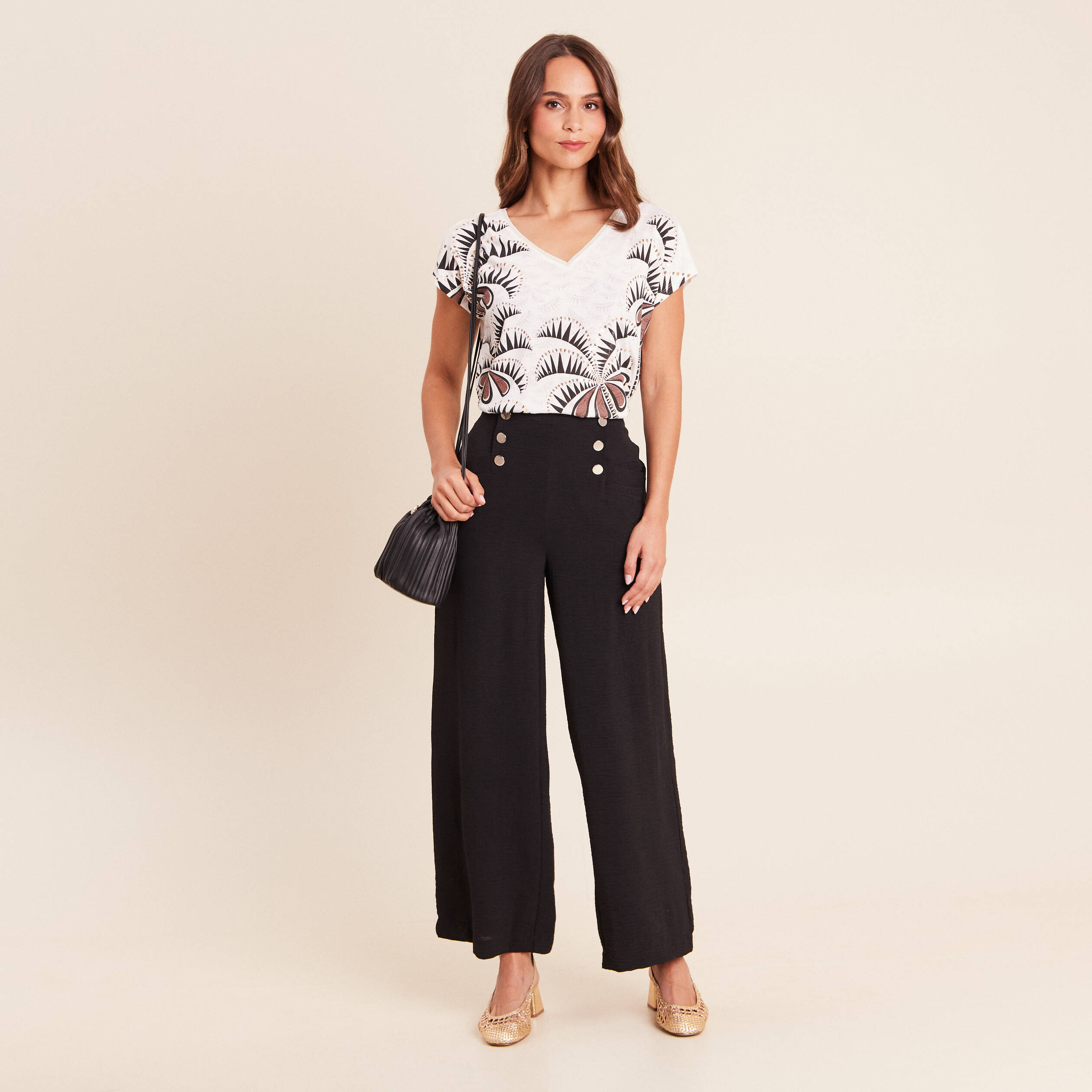 Pantalon large 7/8&egrave;me taille haute noir femme