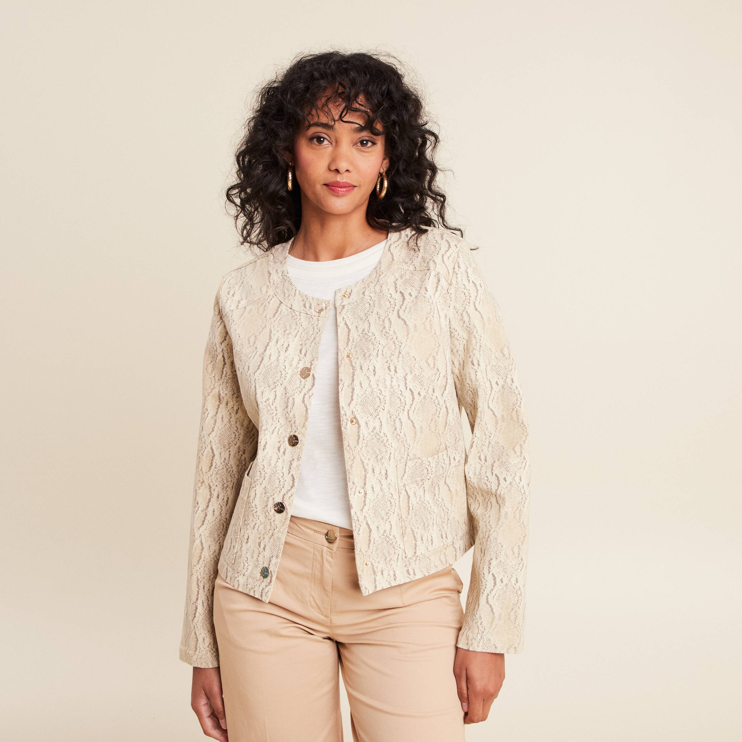 veste sans col beige femme