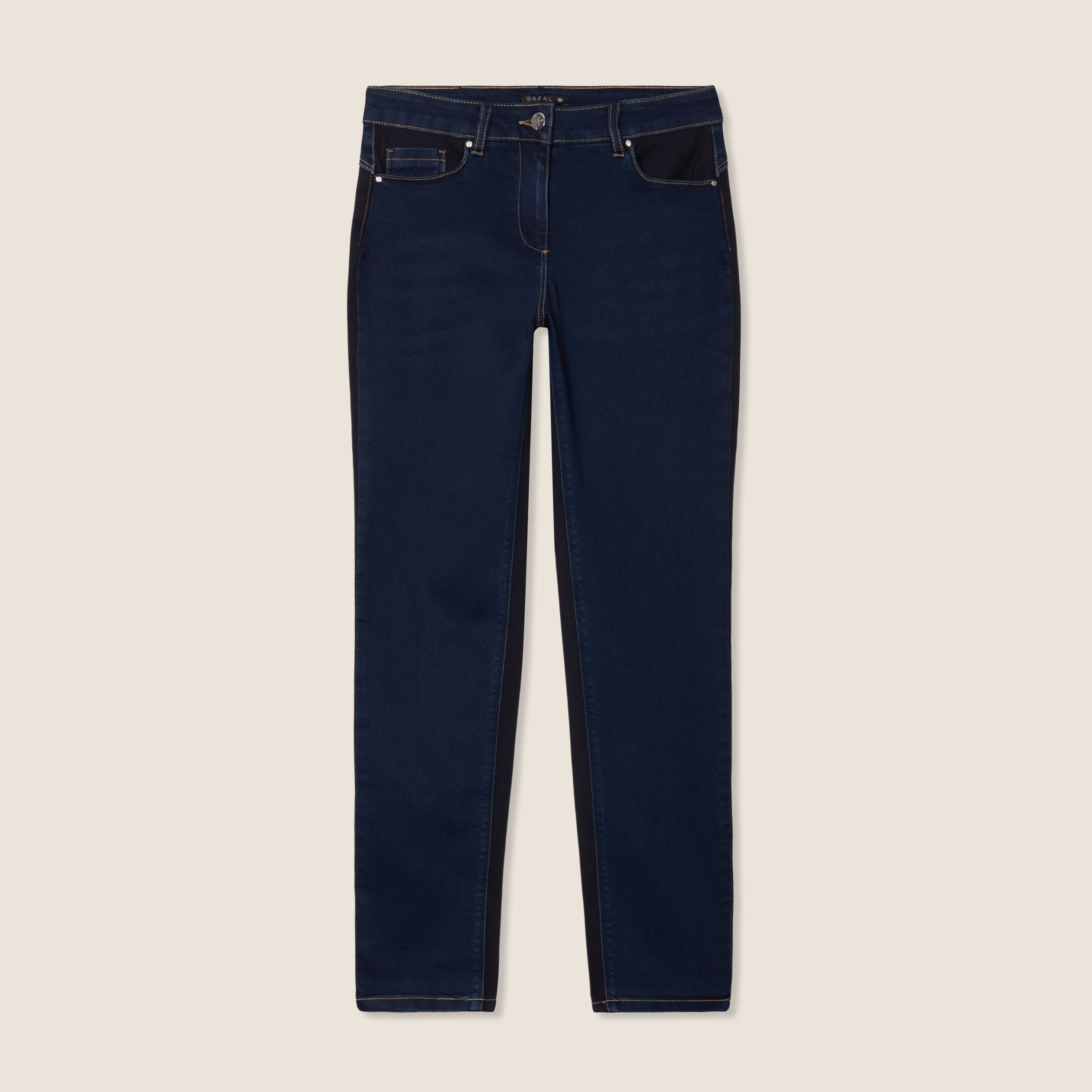 Jean ajusté 7/8ème effet bi-matière denim brut femme