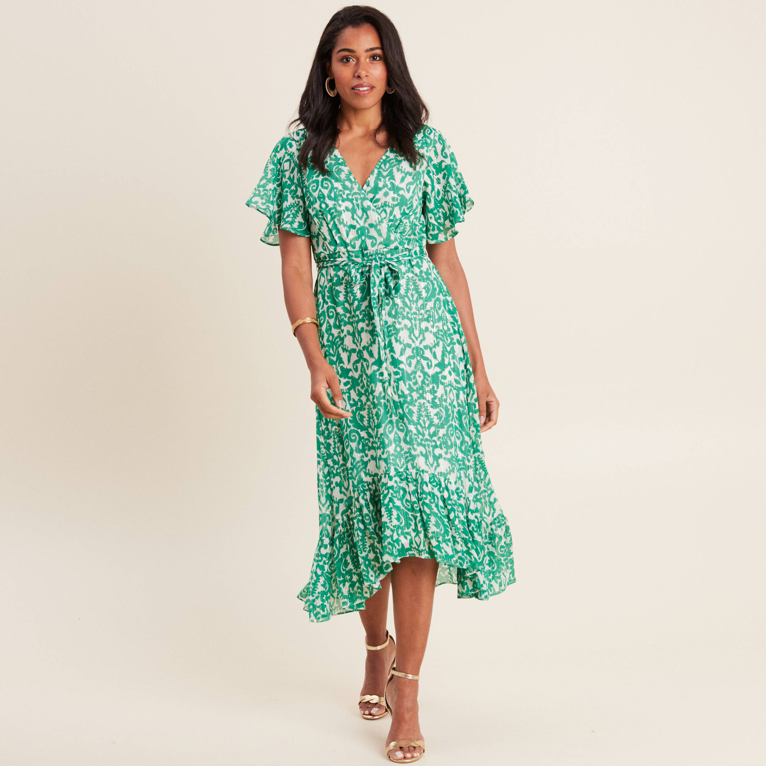 Robe longue évasée fluide vert femme