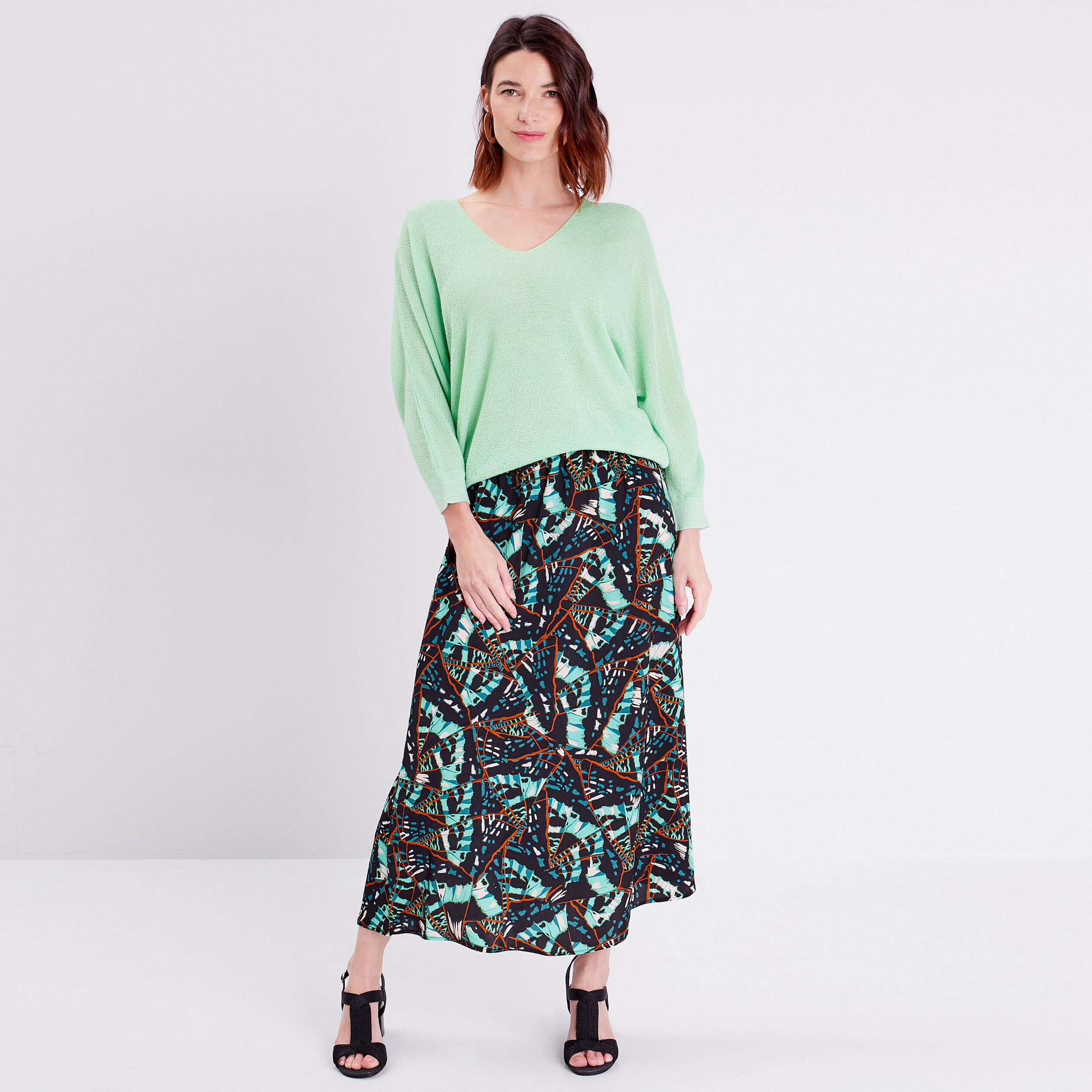 Pull manches longues col en V vert fluo femme