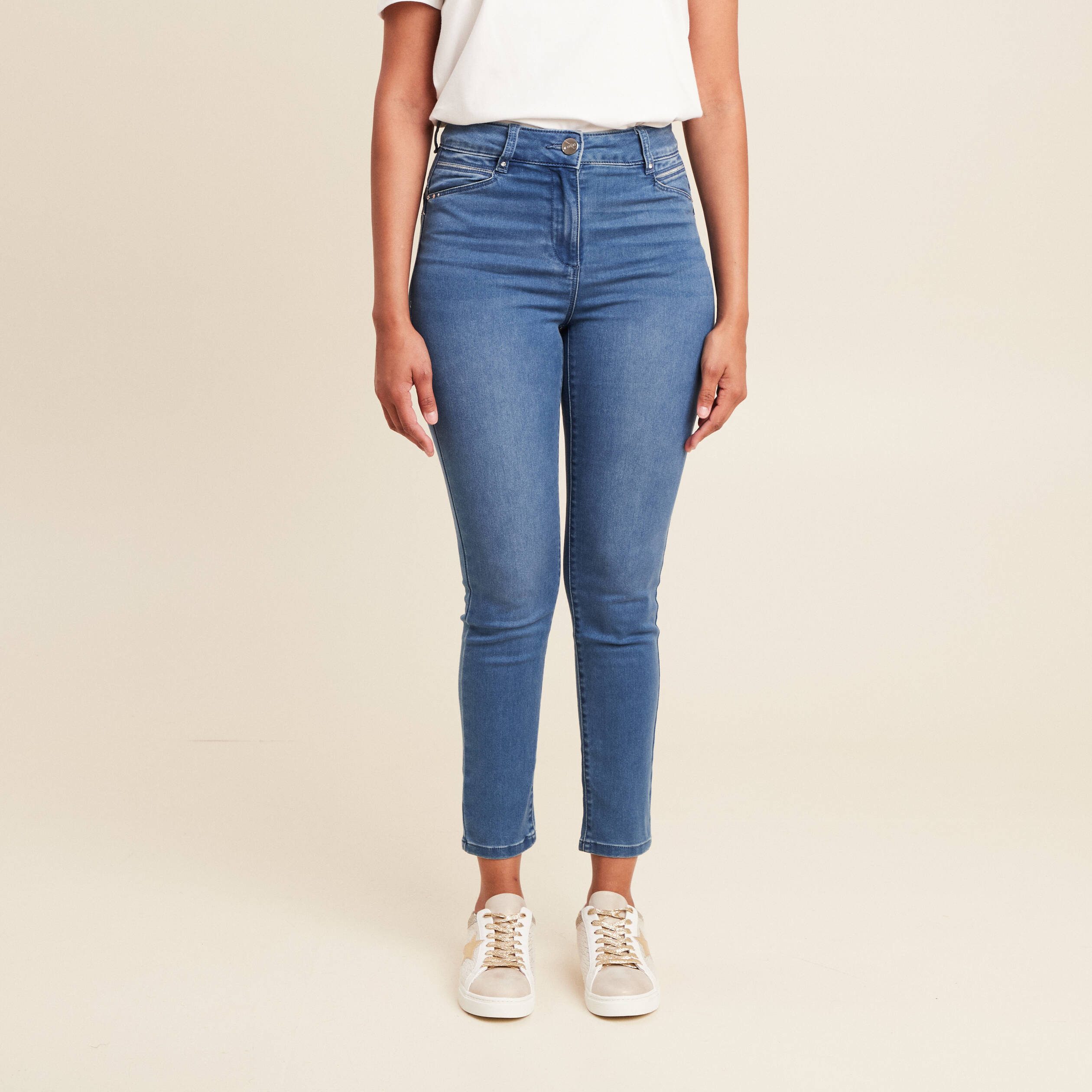 Jean coupe ajust&eacute;e 7/8&egrave;me taille haute denim double stone femme