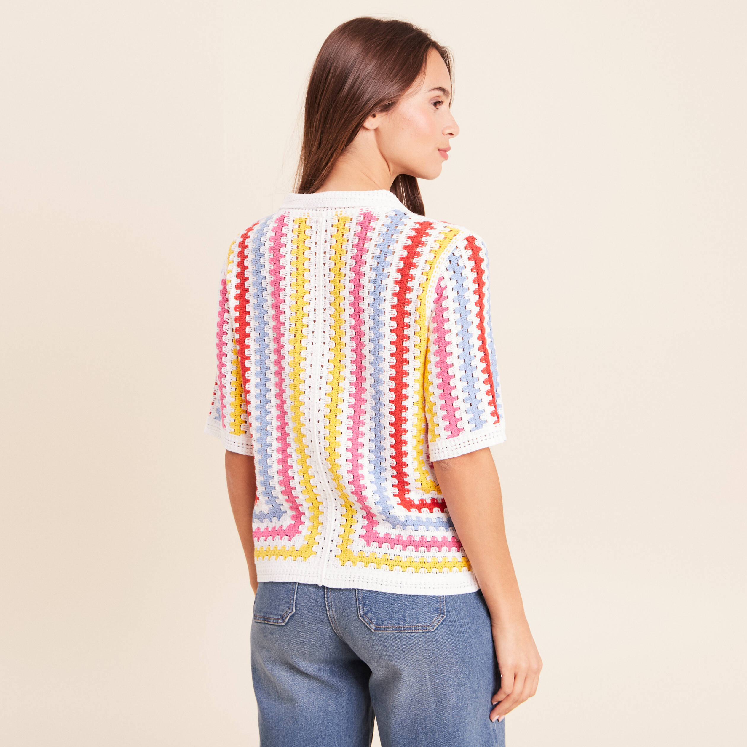 Polo manches courtes aspect macram&eacute; multicolore femme
