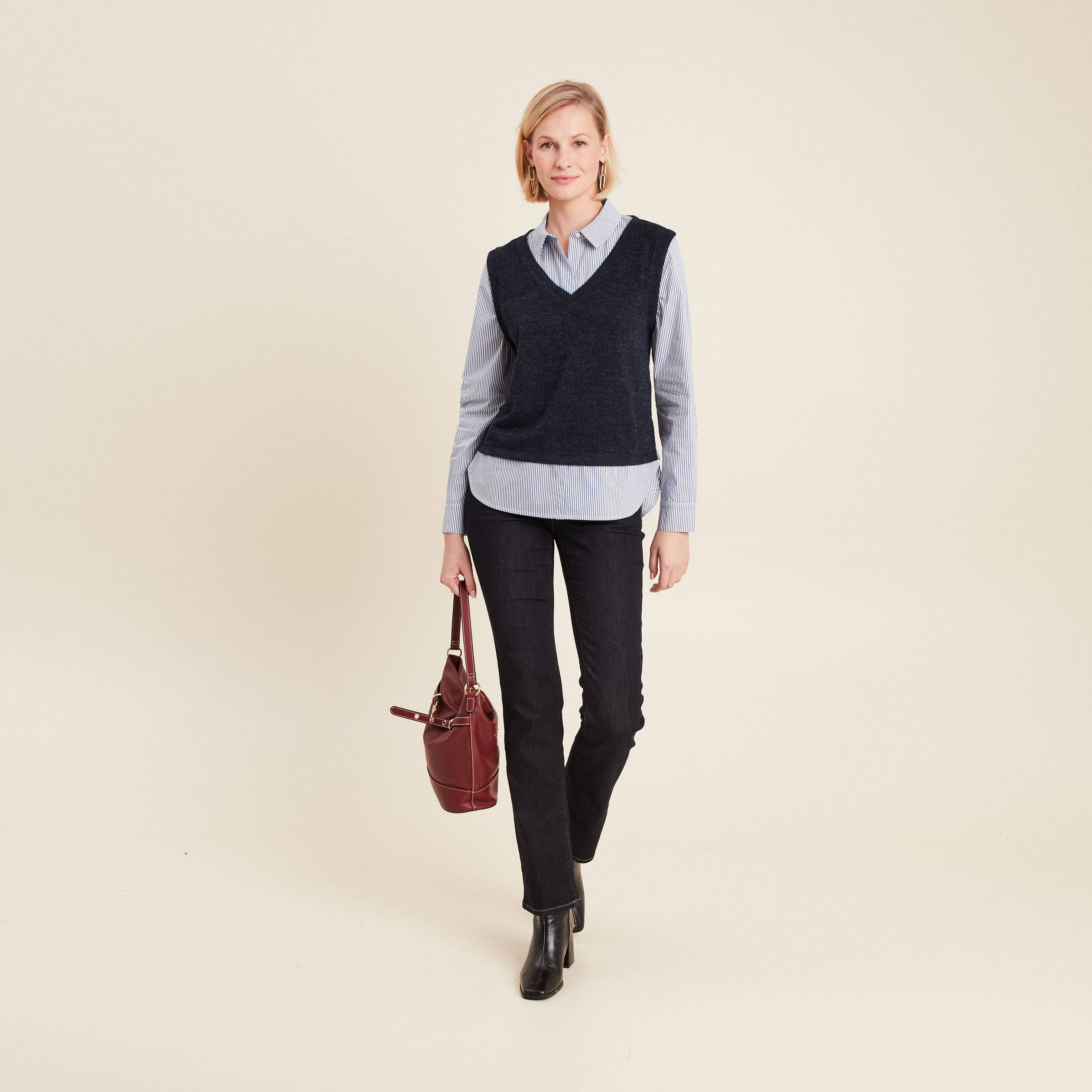 pull effet 2 en 1 chemise bleu fonce femme Pull effet 2-en-1 chemise bleu foncé femme