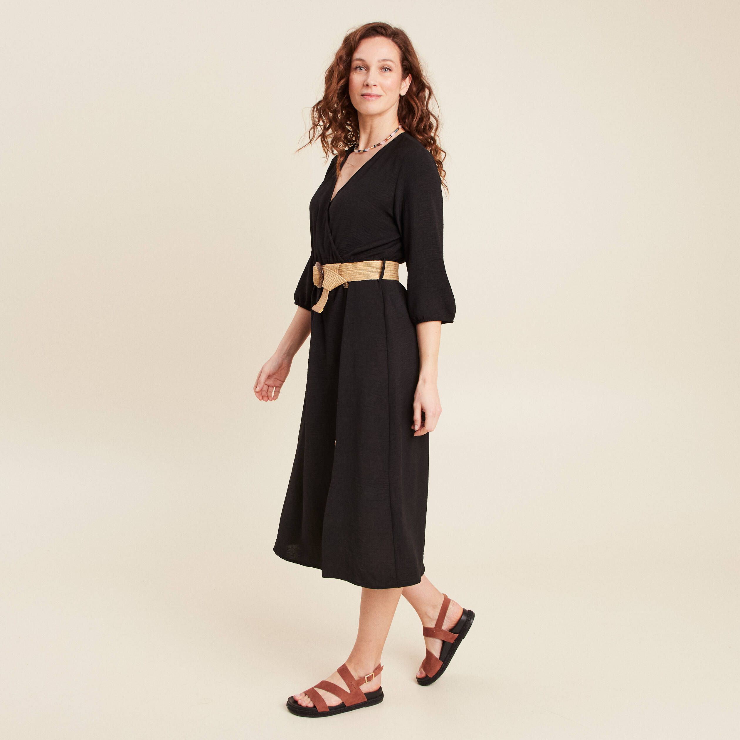 Robe droite ceinturée noir femme