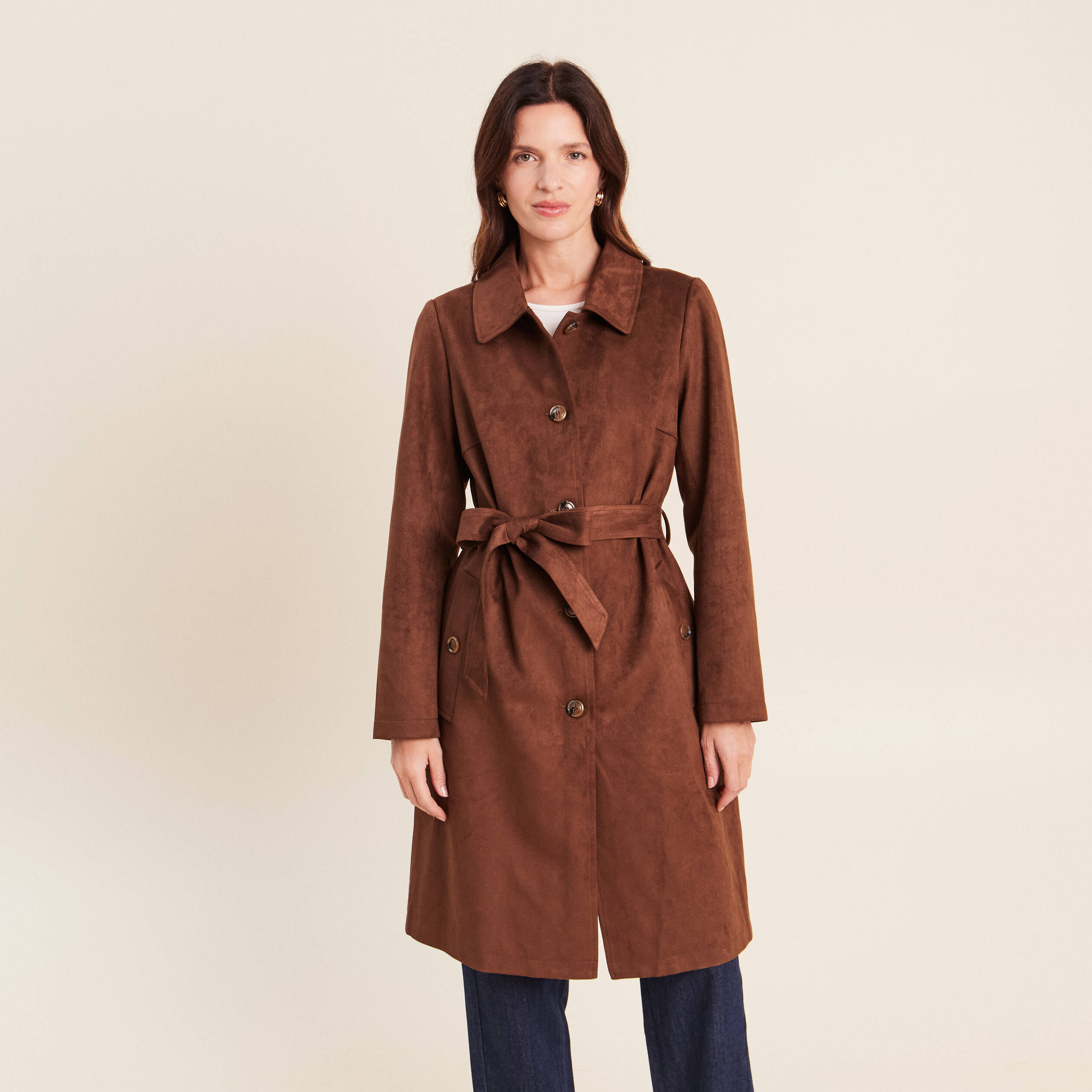 Trench cintr&eacute; long aspect daim marron femme