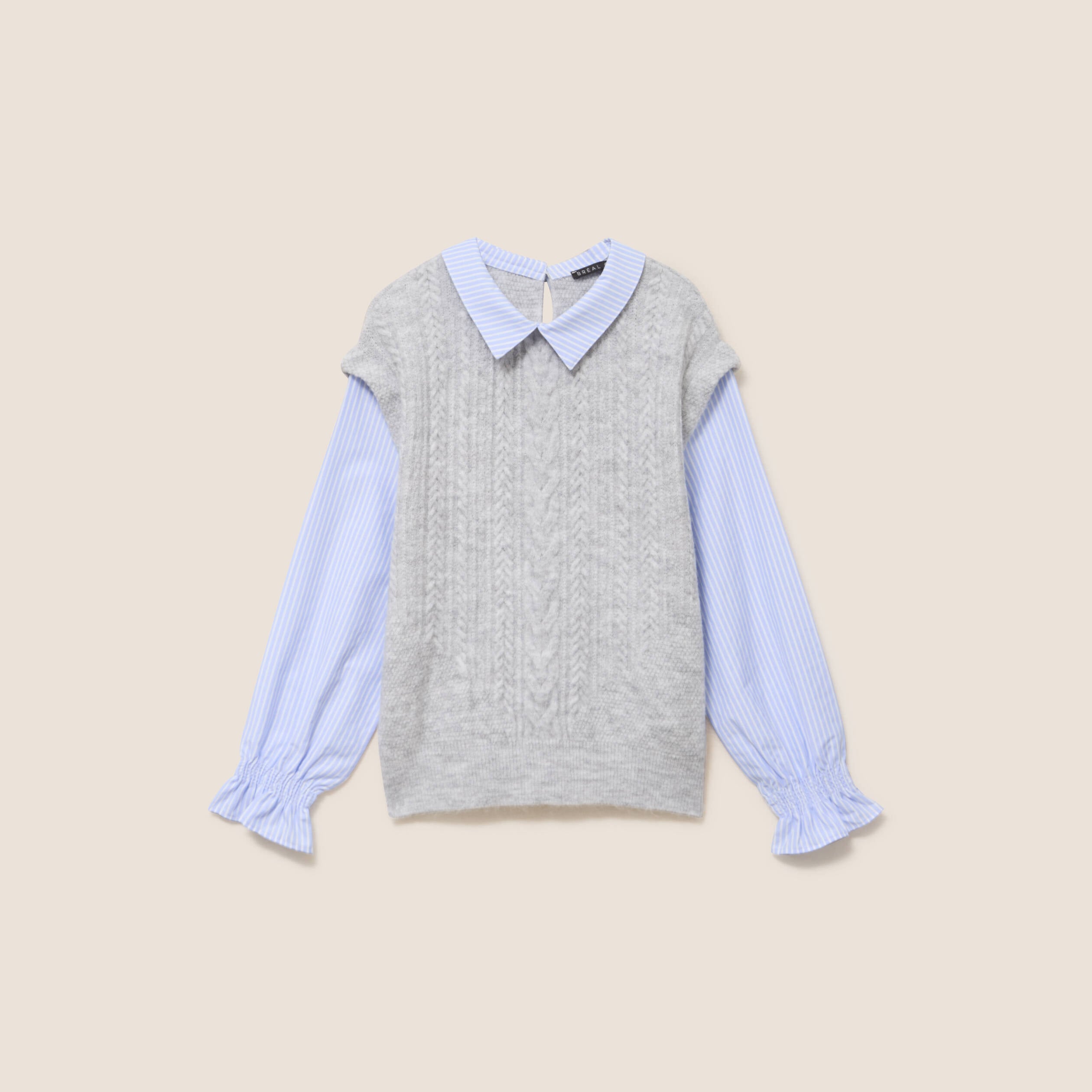 Pull bi-mati&egrave;re col chemise gris clair femme