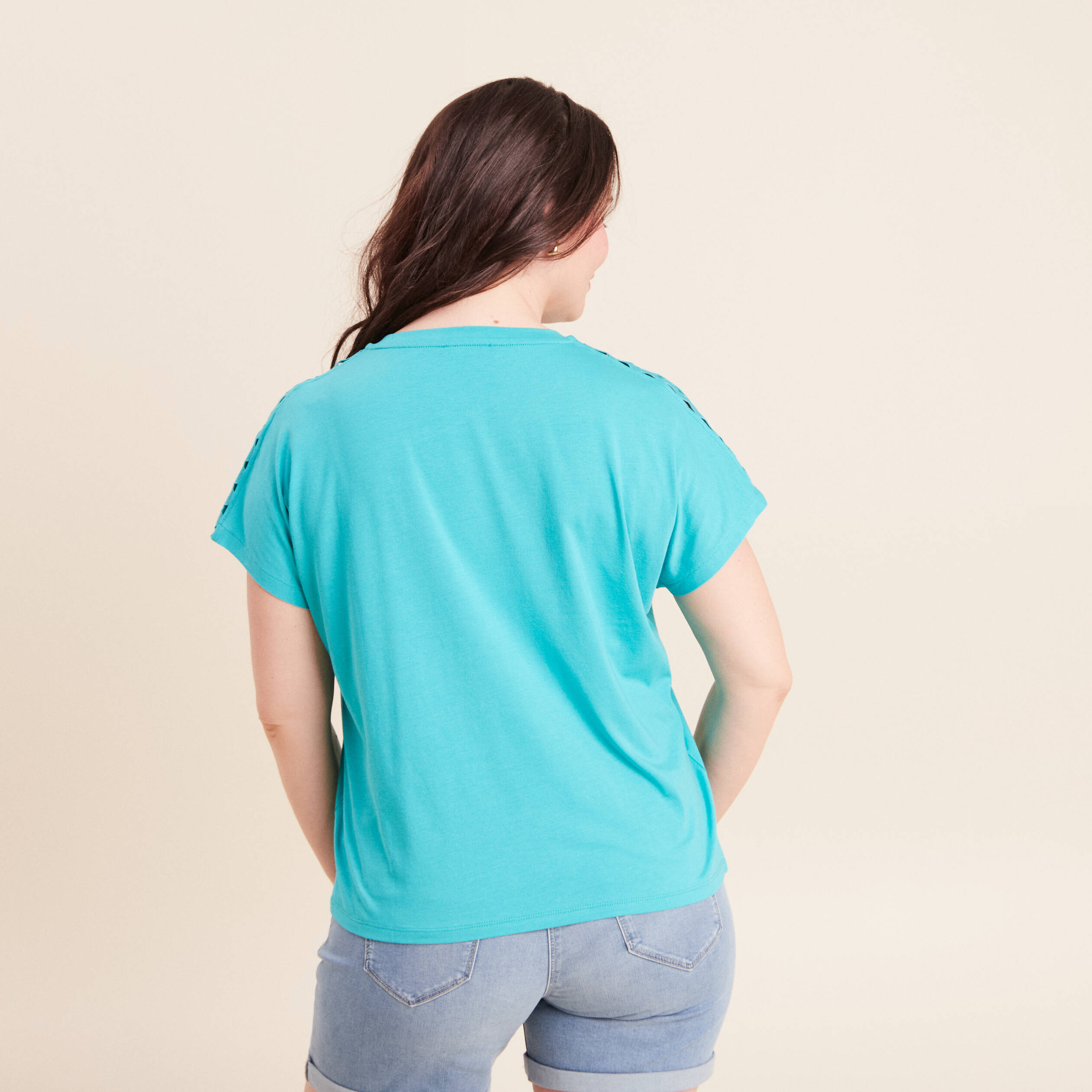 T-shirt col rond manches courtes vert turquoise femme