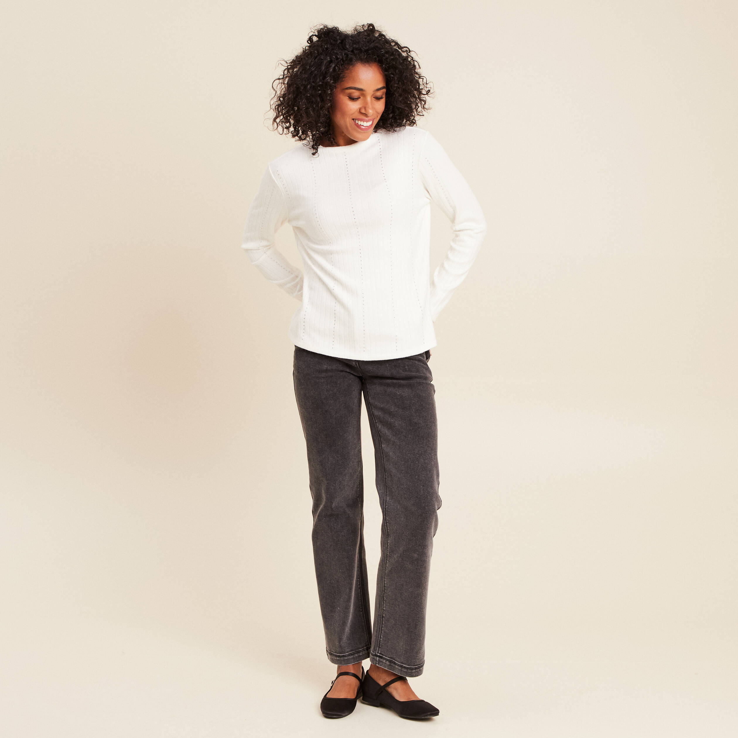 T-shirt manches longues col montant blanc femme