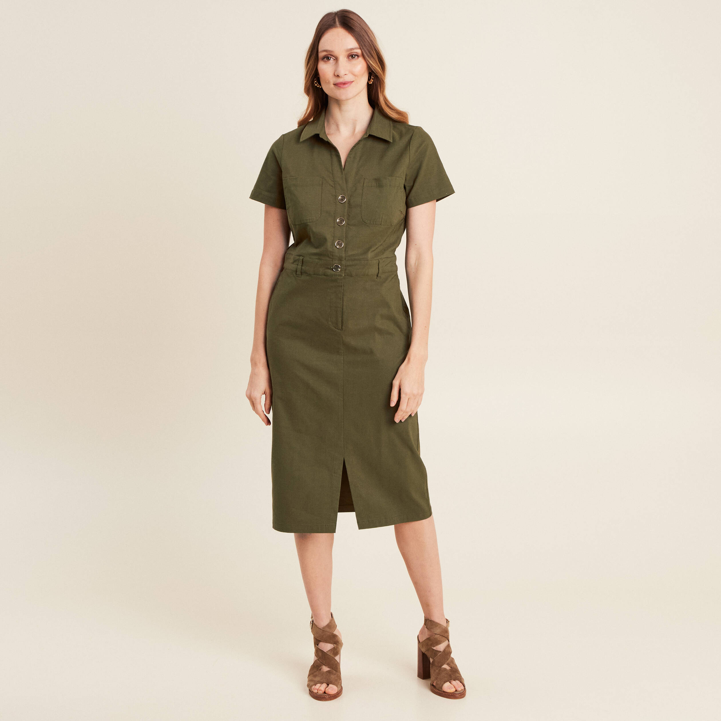 Robe ajustée manches courtes vert olive femme