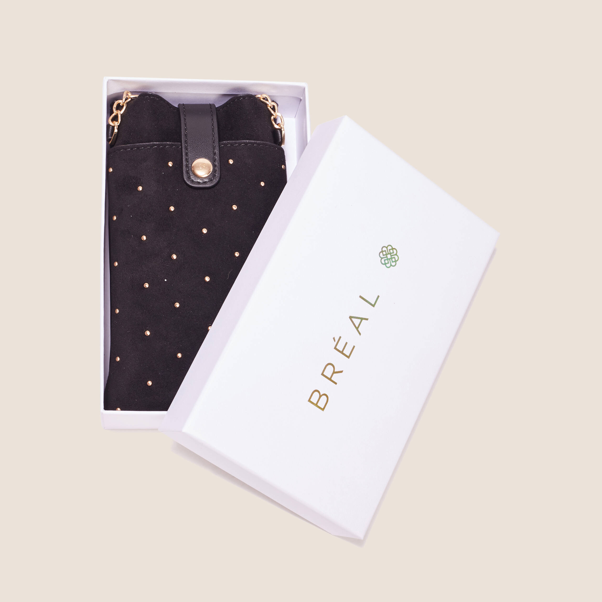 Coffret pochette t&eacute;l&eacute;phone clout&eacute;e noir femme