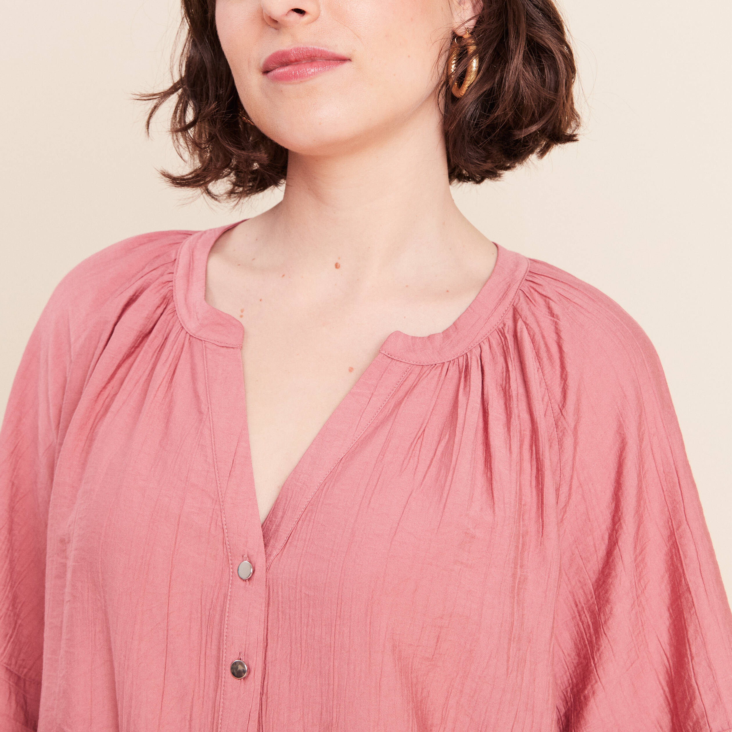 Blouse ample col v manches 3/4 mauve femme