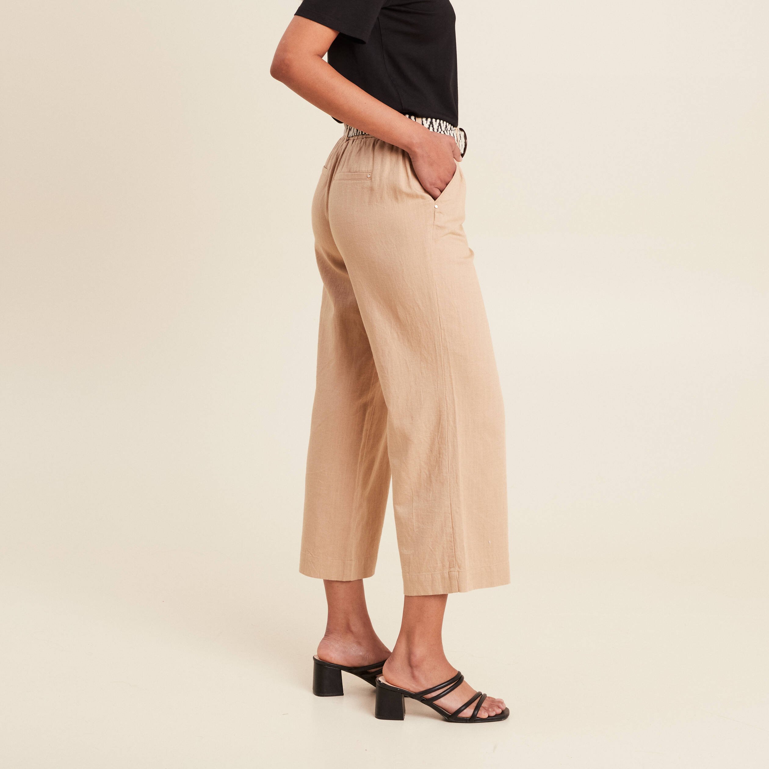 Pantalon large 7/8ème ceinturé sable femme