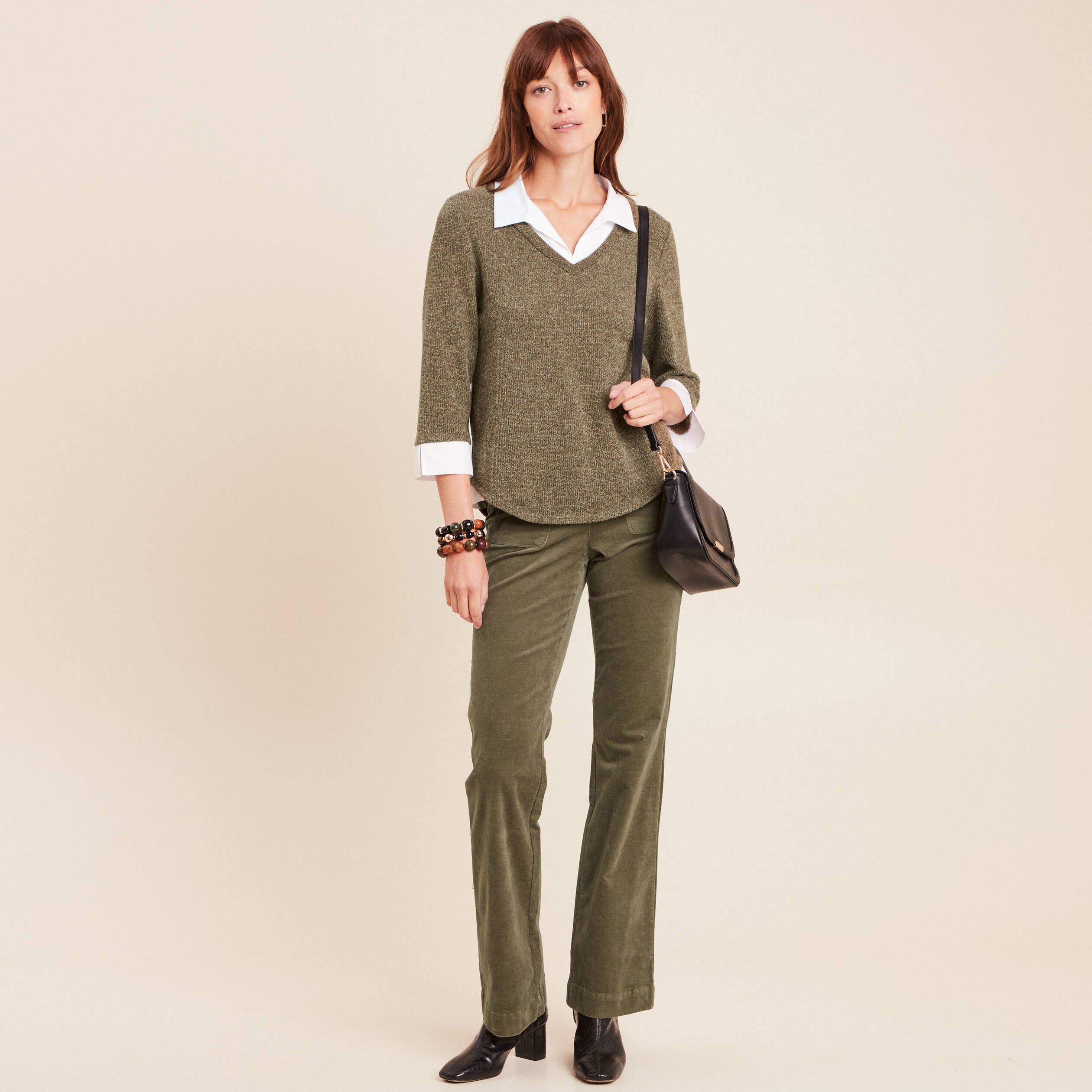 T-shirt col chemise manches 3/4 vert kaki femme