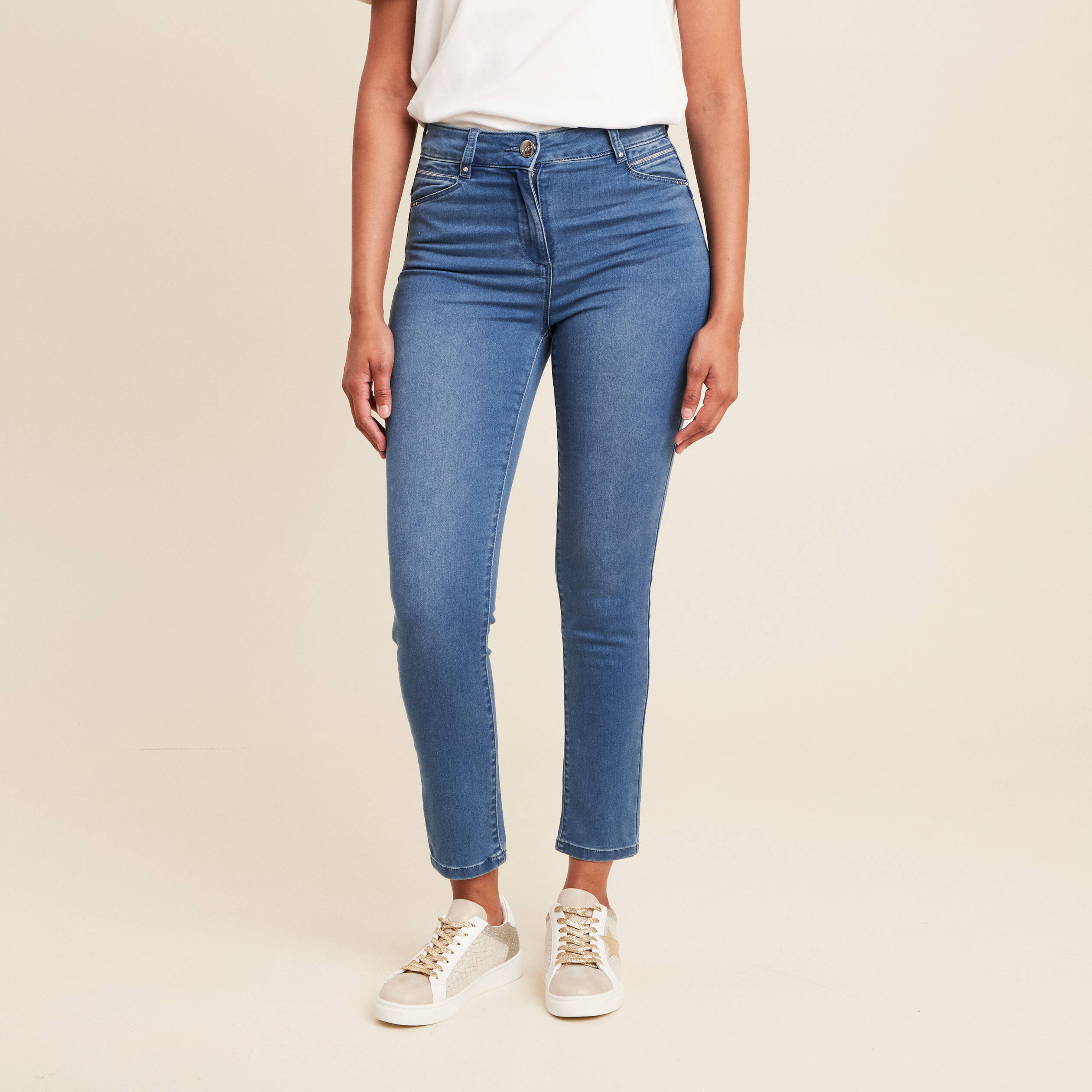 Jean coupe ajust&eacute;e 7/8&egrave;me taille haute denim double stone femme