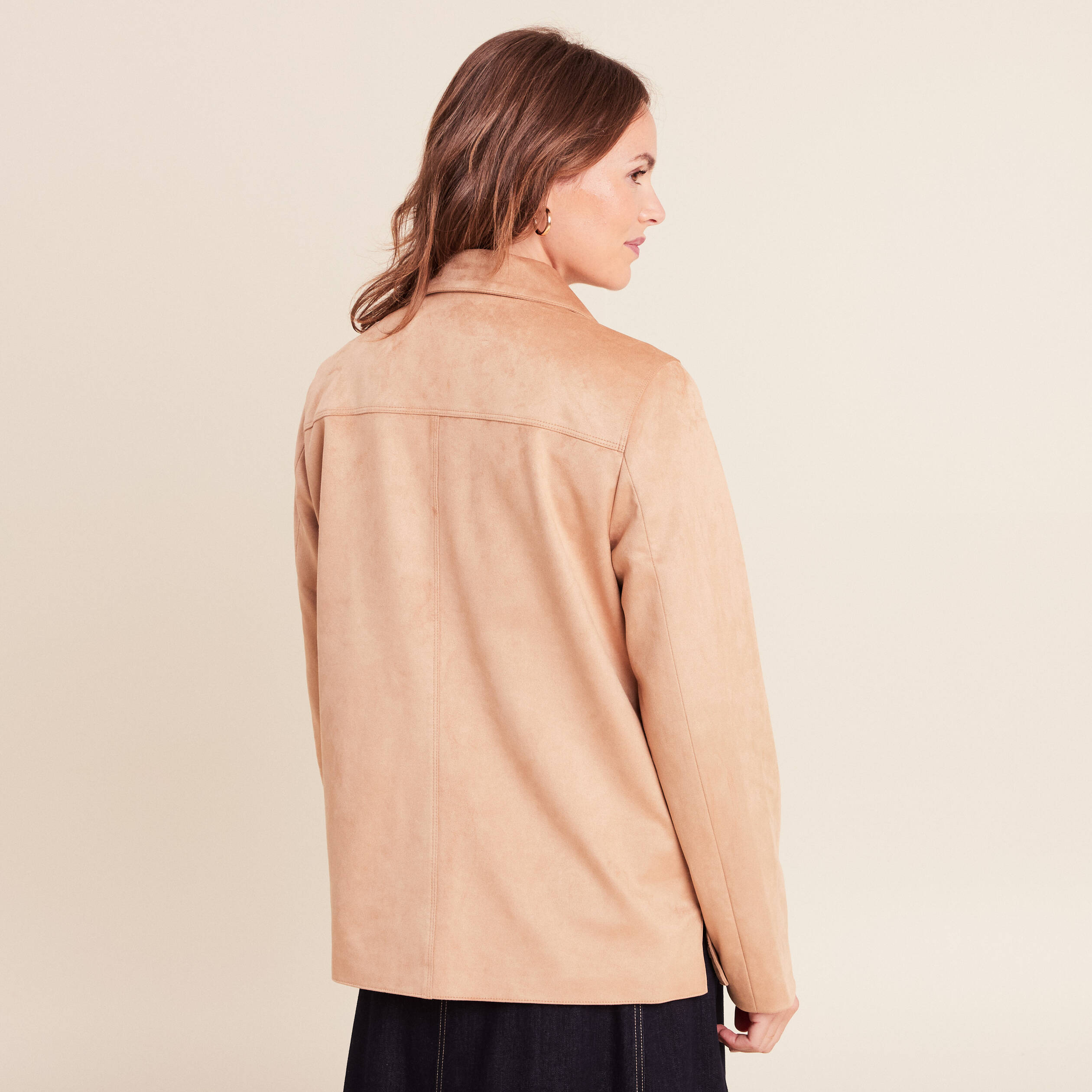 Veste droite longue aspect daim marron clair femme