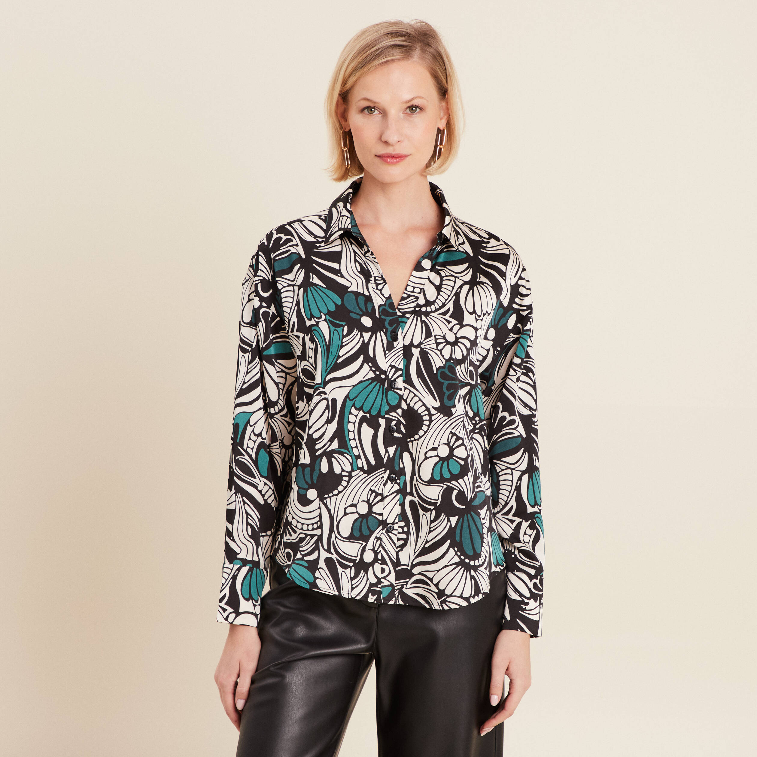 Chemise manches longues satin vert foncé femme