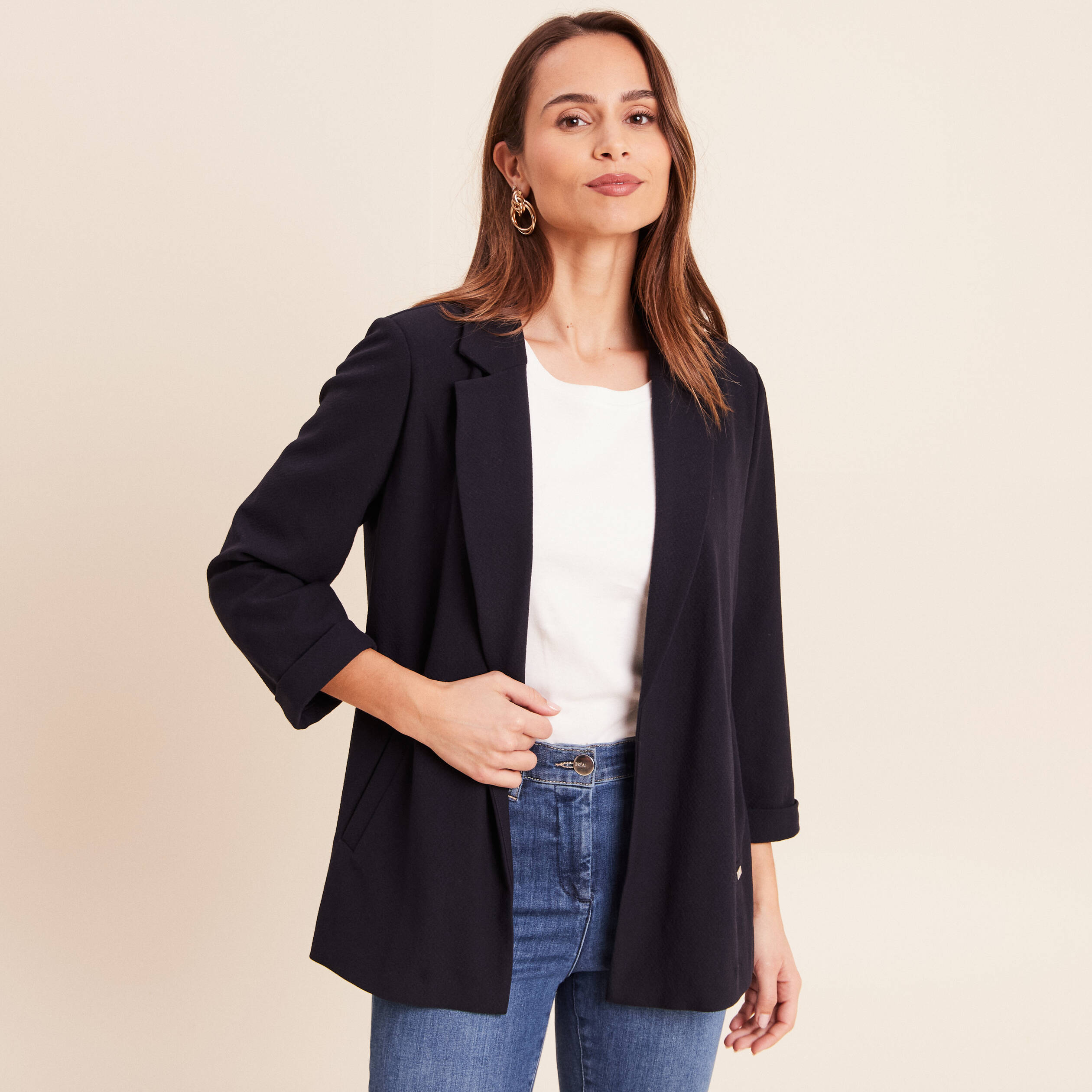 Veste longue droite col tailleur bleu fonc&eacute; femme