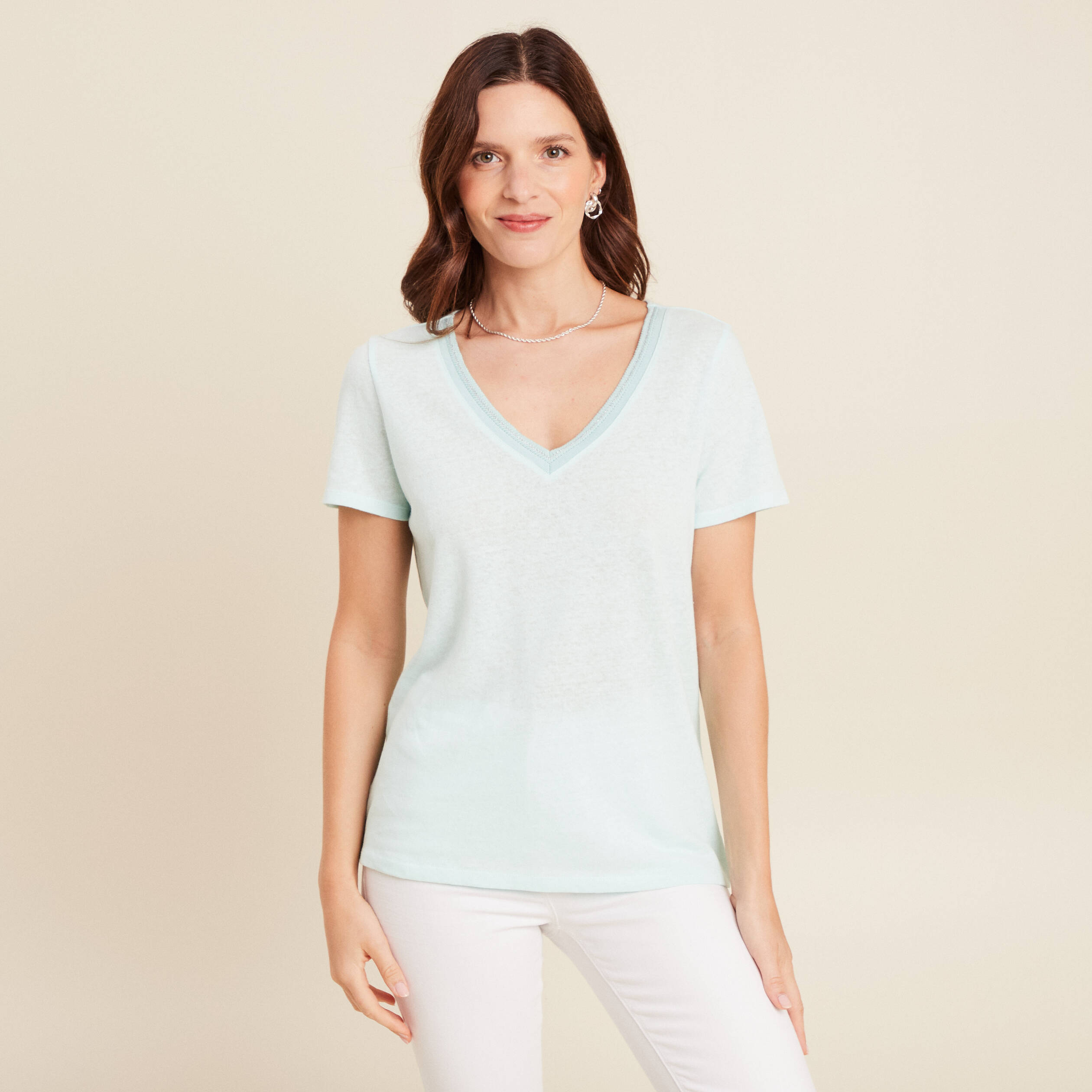 t shirt manches courtes col en v bleu turquoise femme T-shirt manches courtes col en V bleu turquoise femme