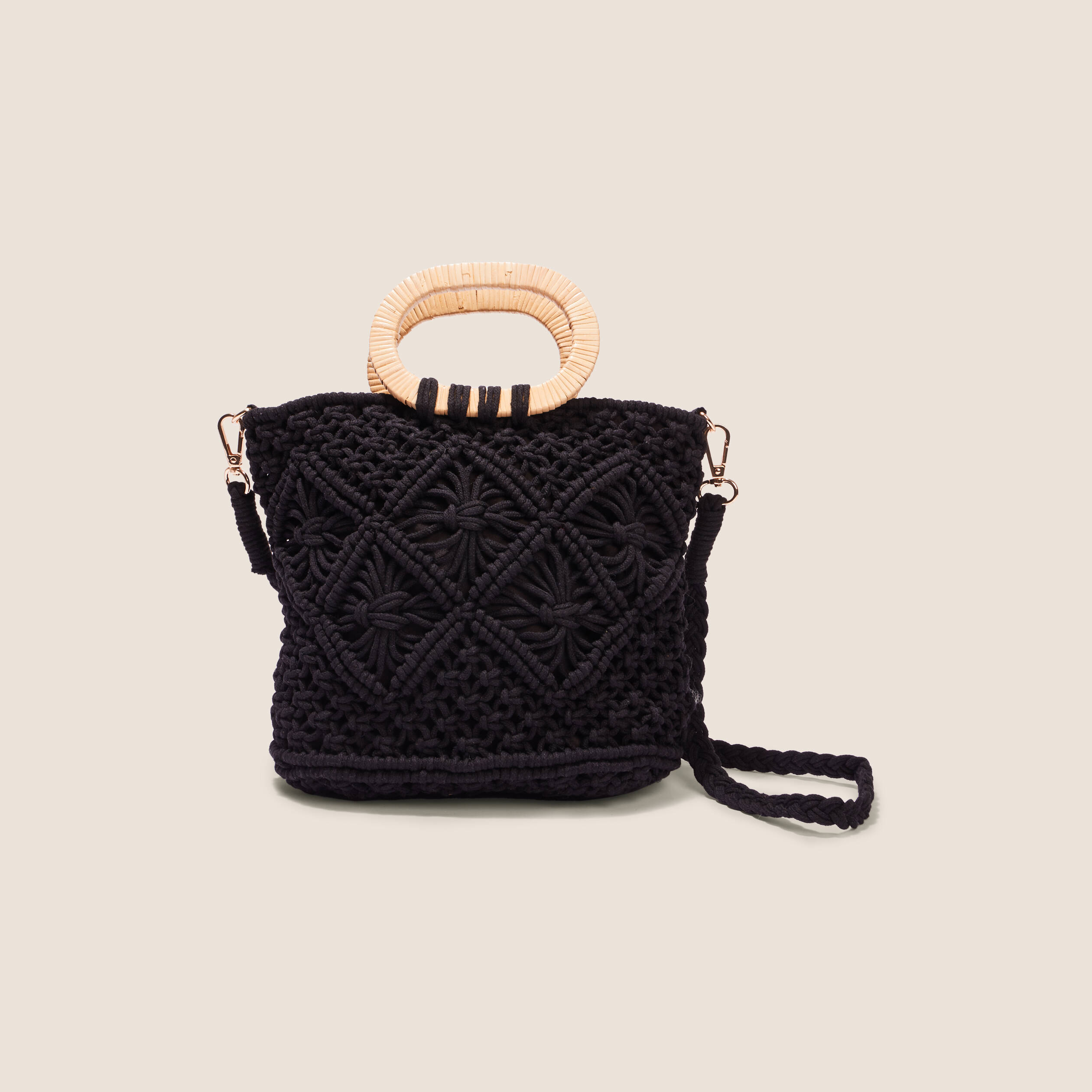 Sac macramé anses raphia noir femme